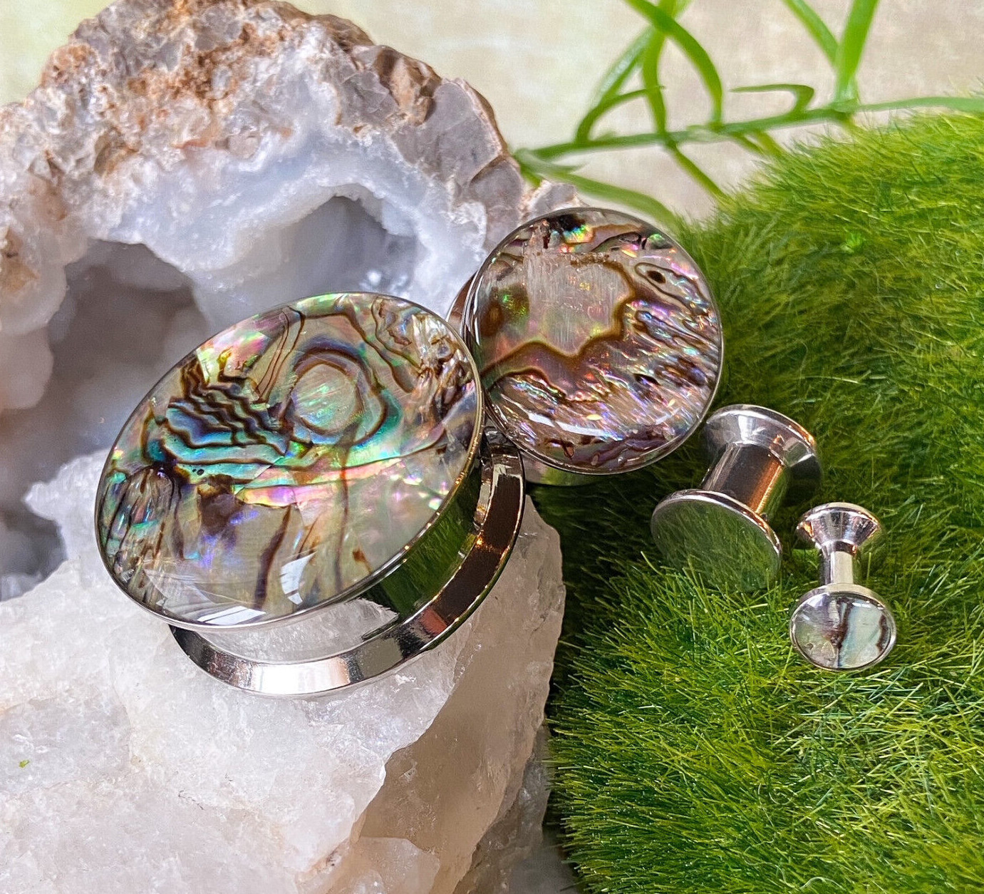PAIR Abalone Inlay Steel Screw Fit Plugs Tunnels Earlets Gauges Body Jewelry