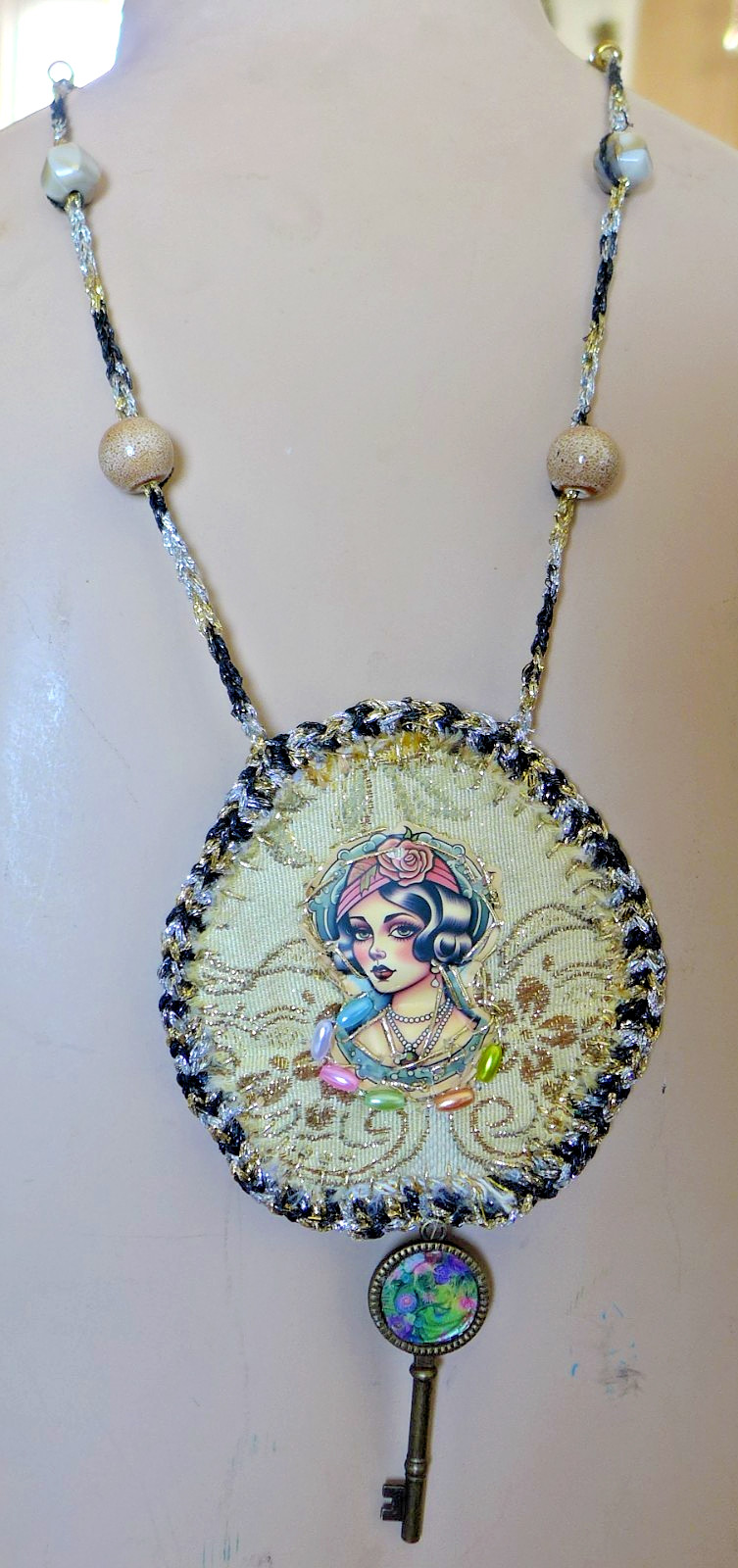 Handmade Crocheted art Necklace Cotton Fabrics embroidered crocheted+ Beads