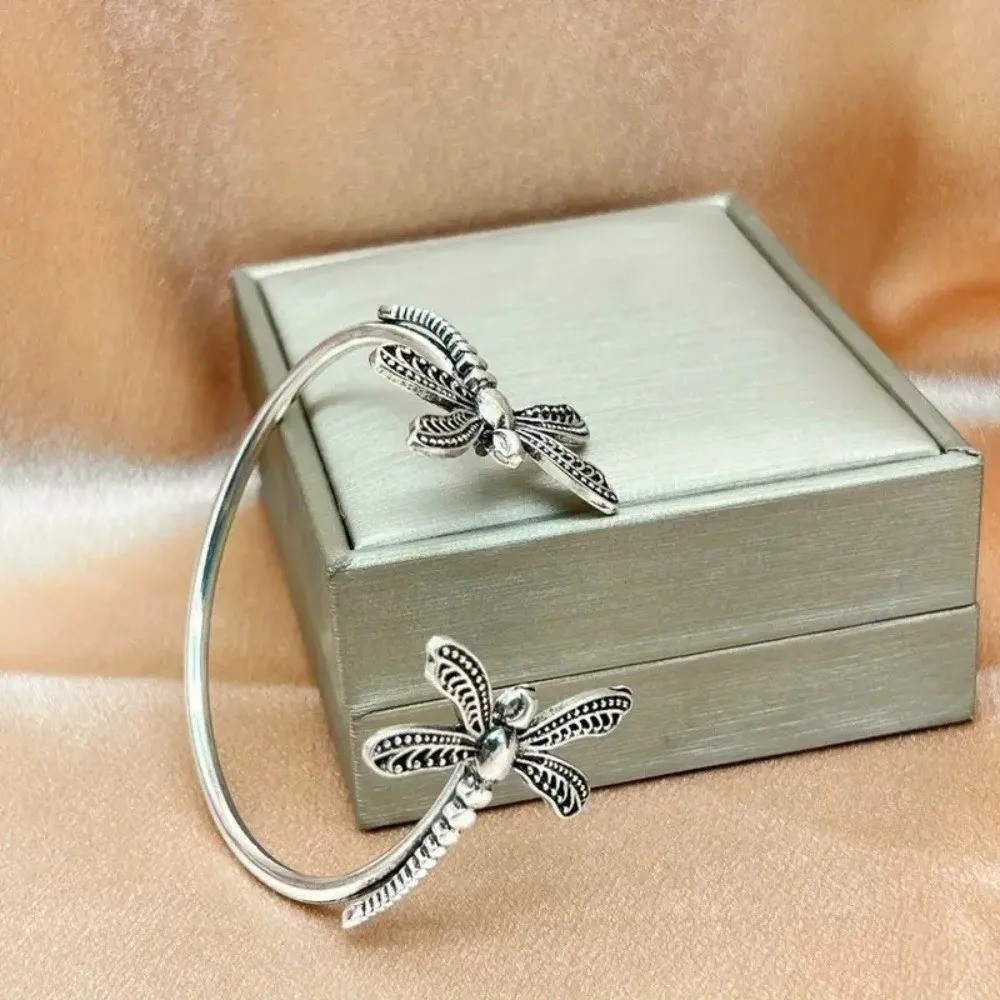 Boho Dragonfly Open Cuff Bracelet Silver Tone Adjustable Metal Bangle for Women