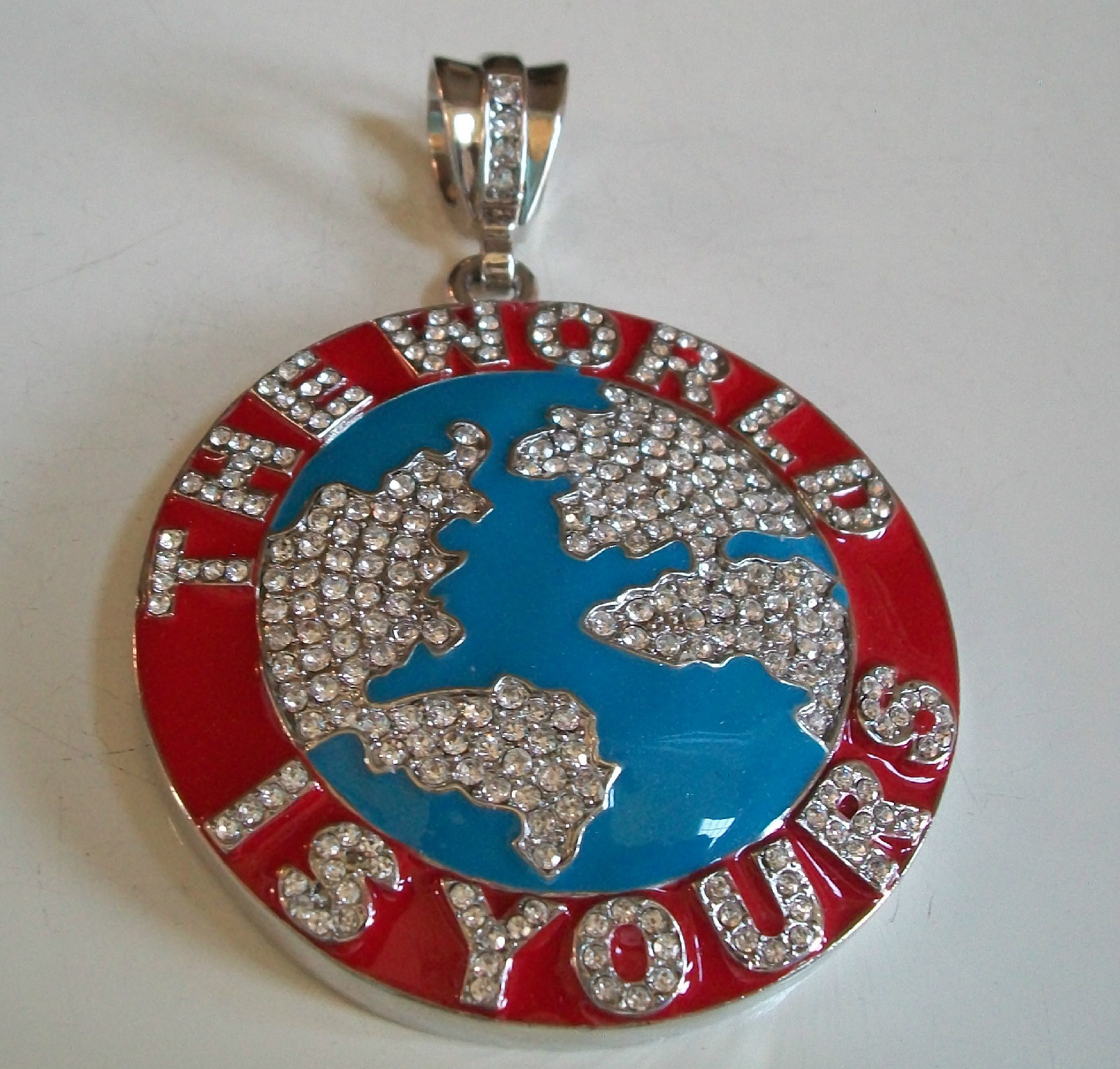 Men Stone Silver Finish THE WORLD IS YOURS Globe Fashion Dressy Hip Hop Pendant