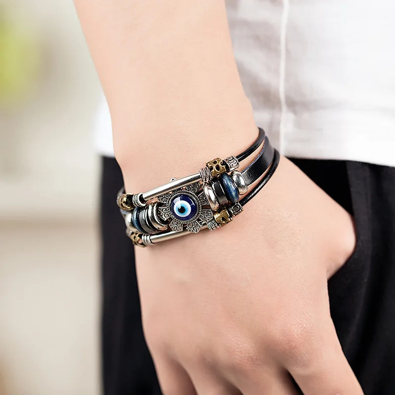 Punk Turkish Evil Eye Stainless Steel Bend Multilayer Leather Bracelet Man Woman