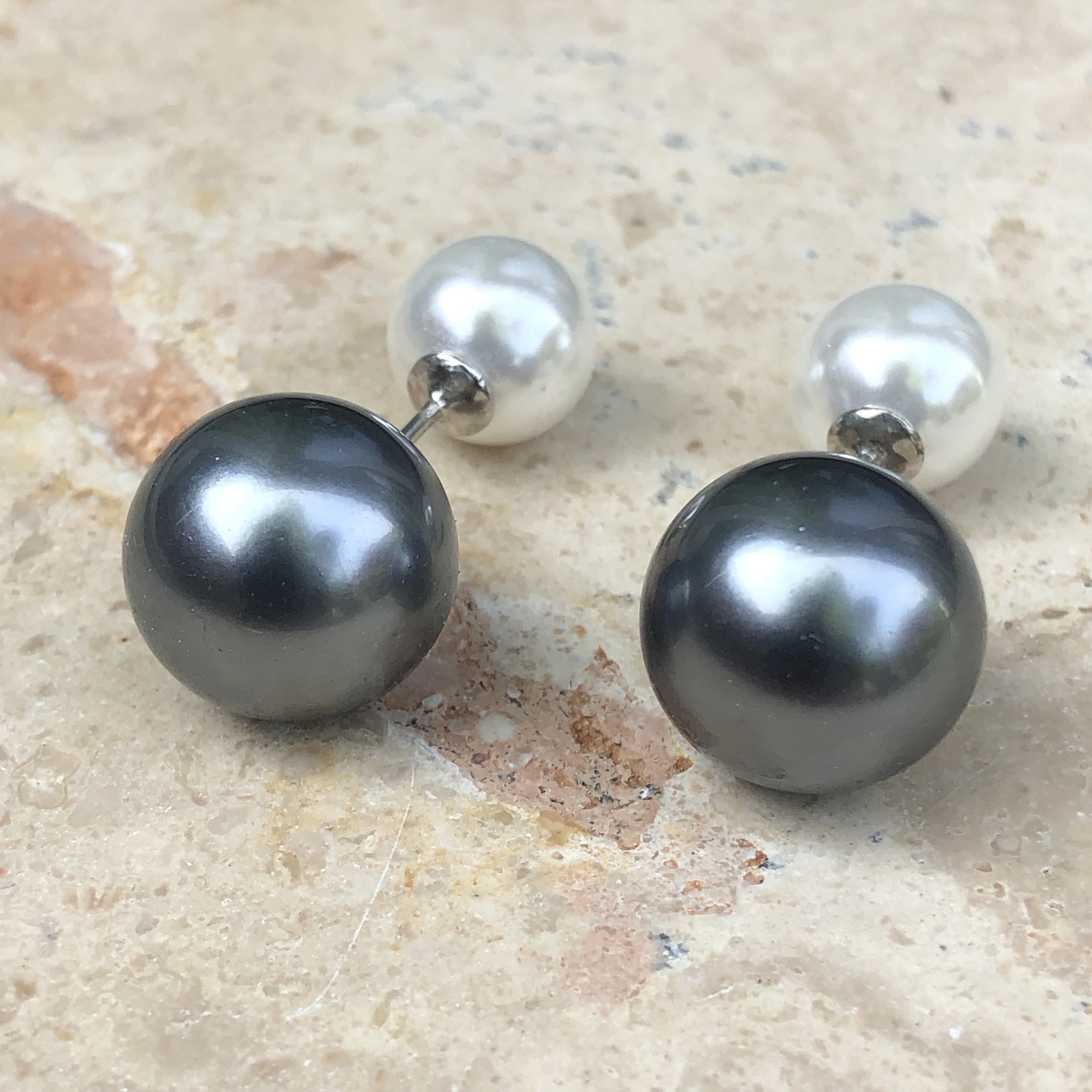 Sterling Silver Double Ended Gray White Pearl Ball Earrings Interchangeable NEW