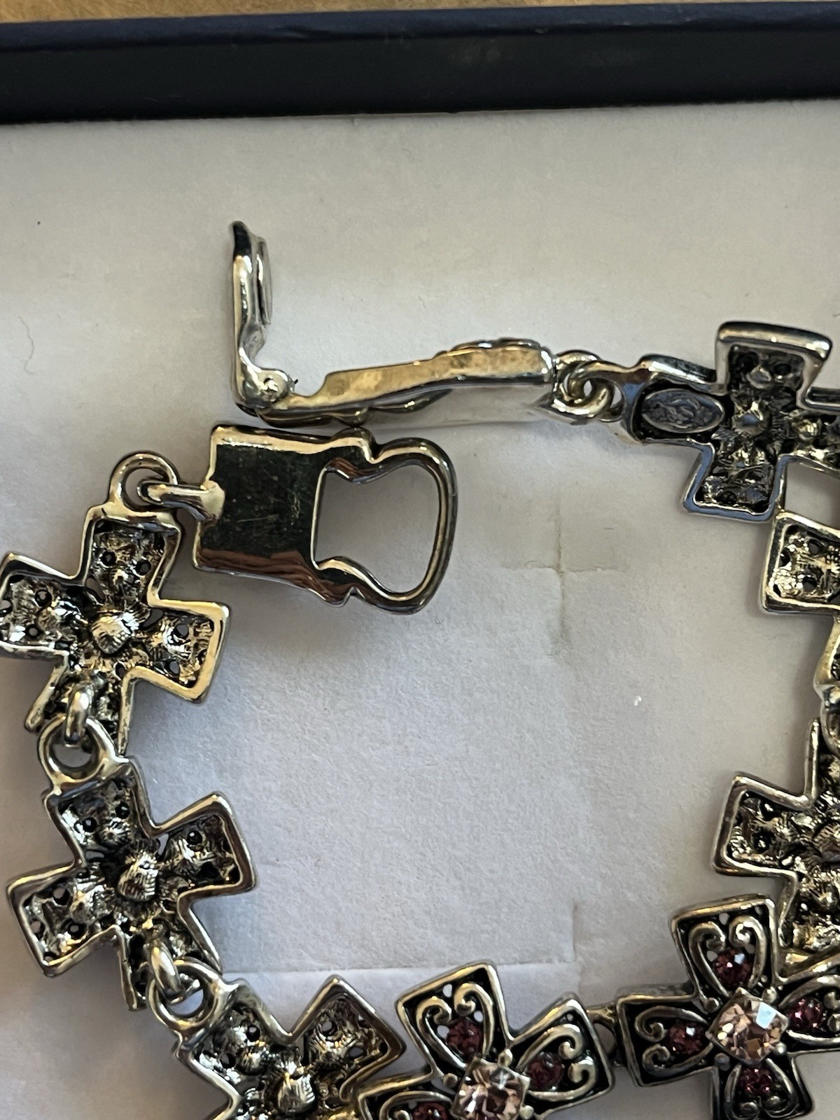 Vintage Gothic Stainless Steel Cross Link Bracelet Pink Rhinestone Crystal 7.5″