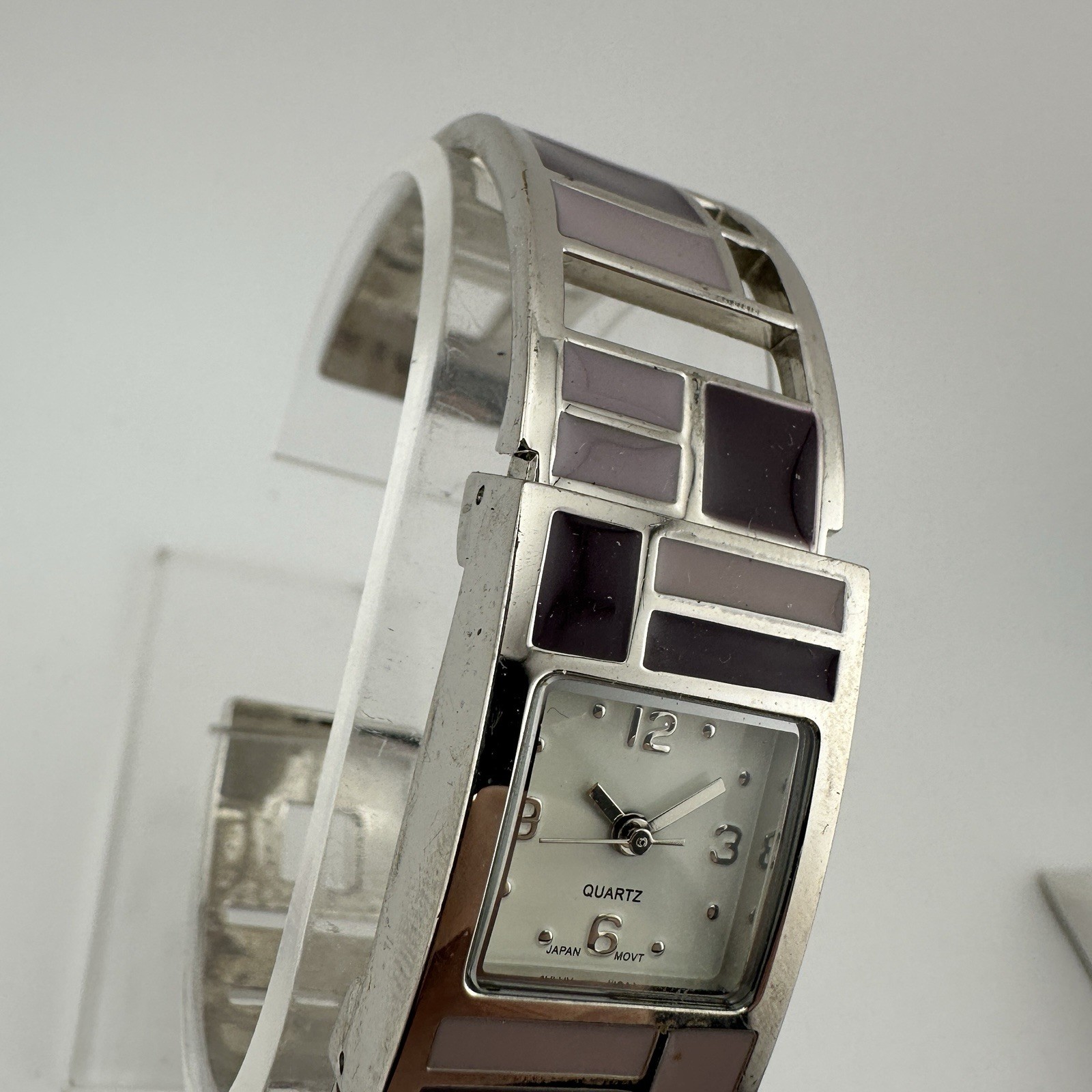 Avon Shades of Violet Silver Tone Cuff Watch with Purple Shades, Has New Battery