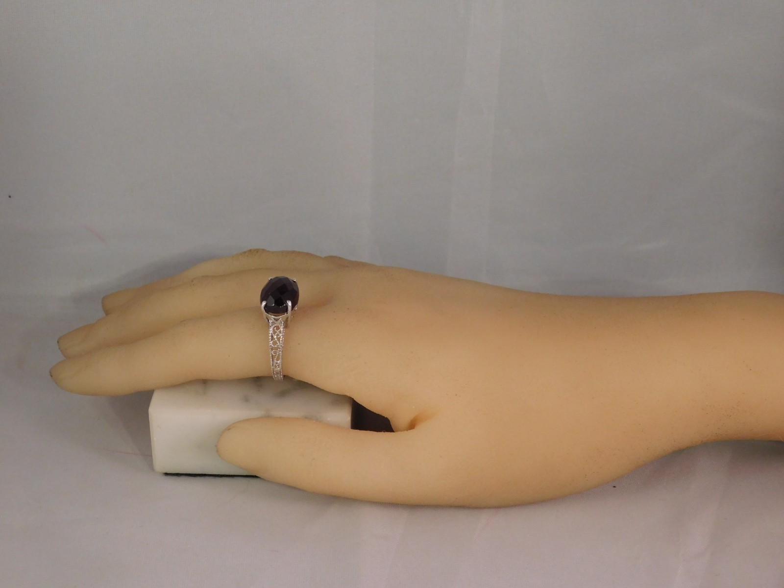 6.80 Ct. Oval Red Rosecut Garnet Ring 1920’s Style Sterling Silver Filigree