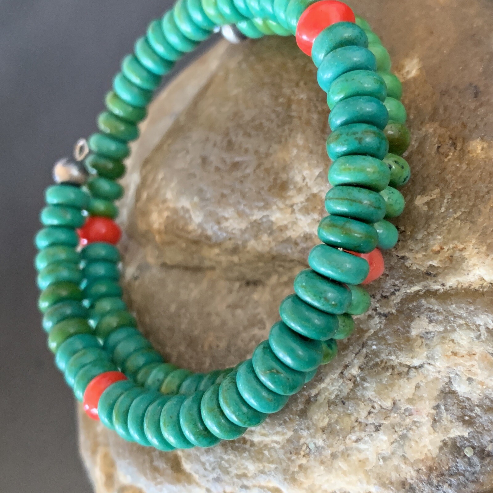 Wrap Memory Wire Stainless Steel Navajo Coral Green Turquoise Bracelet 9″ 13313