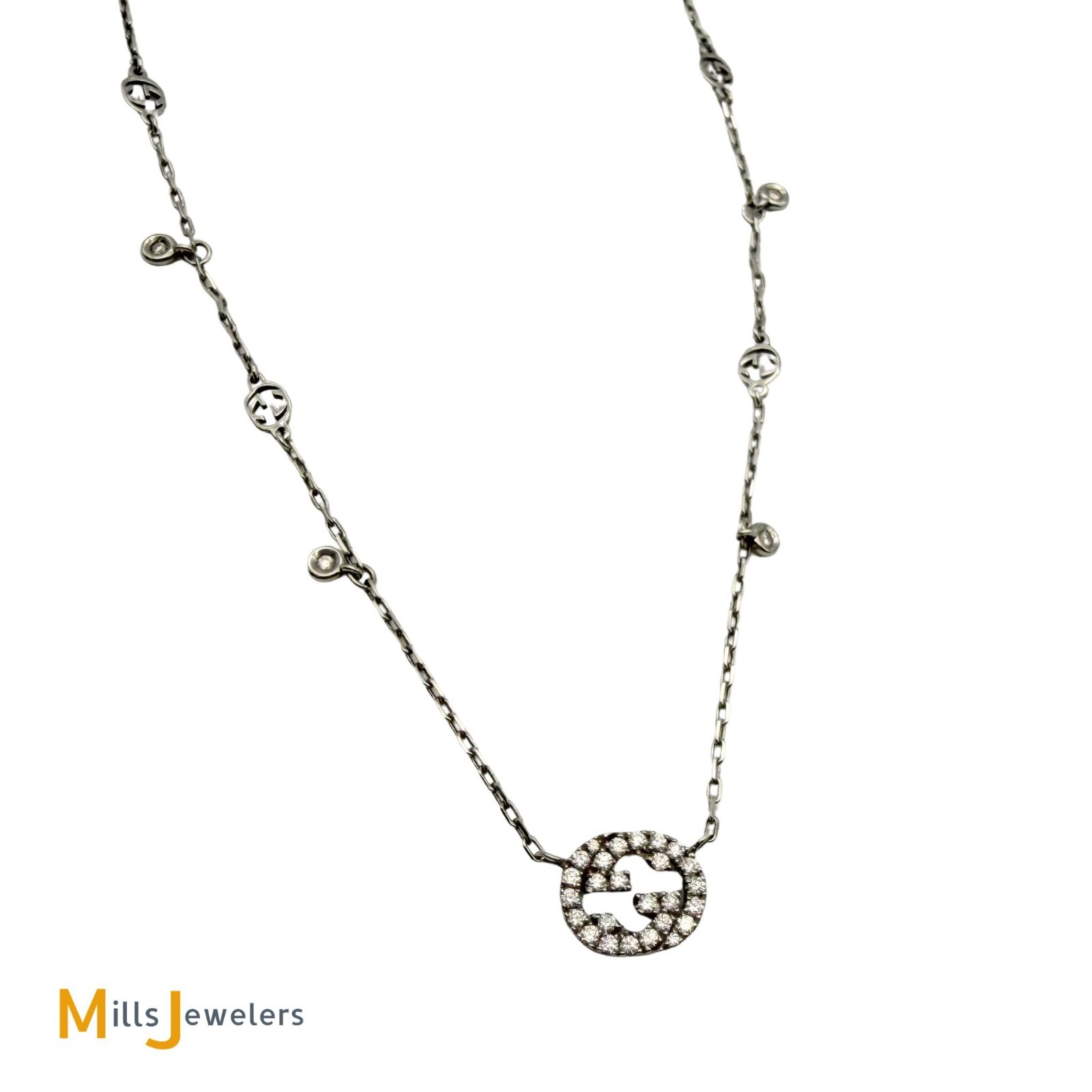 18K White Gold Gucci Interlocking G 0.27ctw Diamond Station Necklace 16″