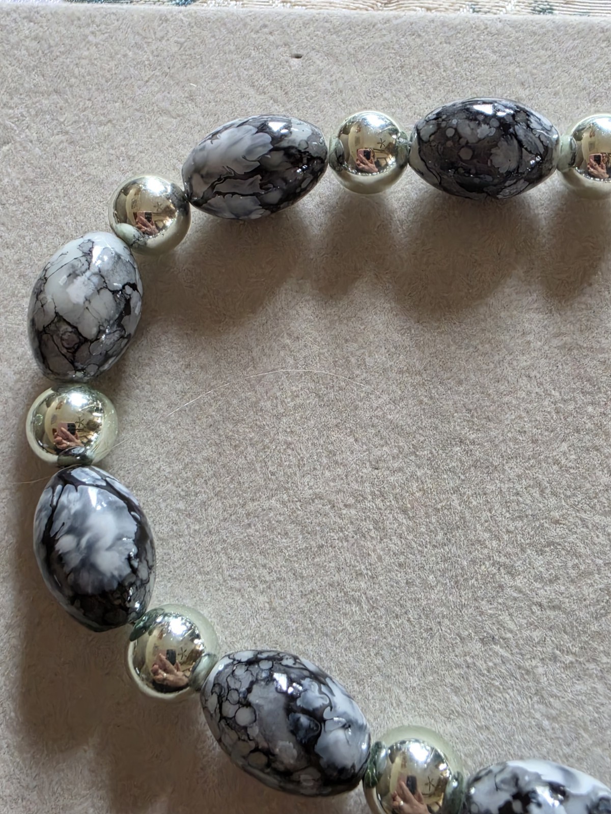 Beautiful Artisan Glass Bead Necklace + Drop Earring Silver Tone Black Classic