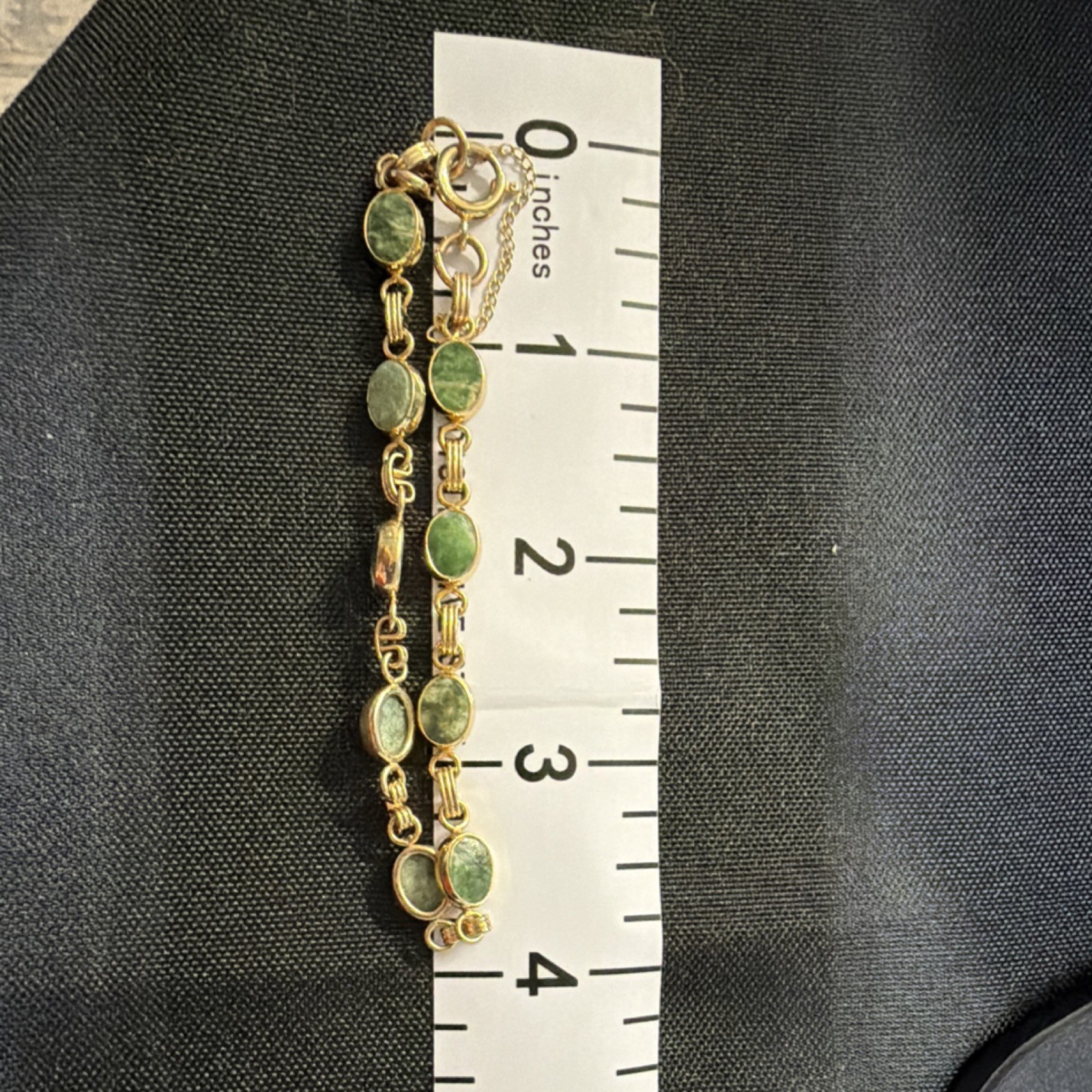 Yellow Gold Filled 1/20-12K Green Jade Oval Link Chain Bracelet 7 in
