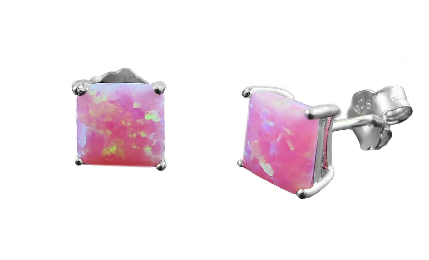 925 Silver Charm Blue & white Fire Opal Square Cut Earrings Stud Women Jewelry