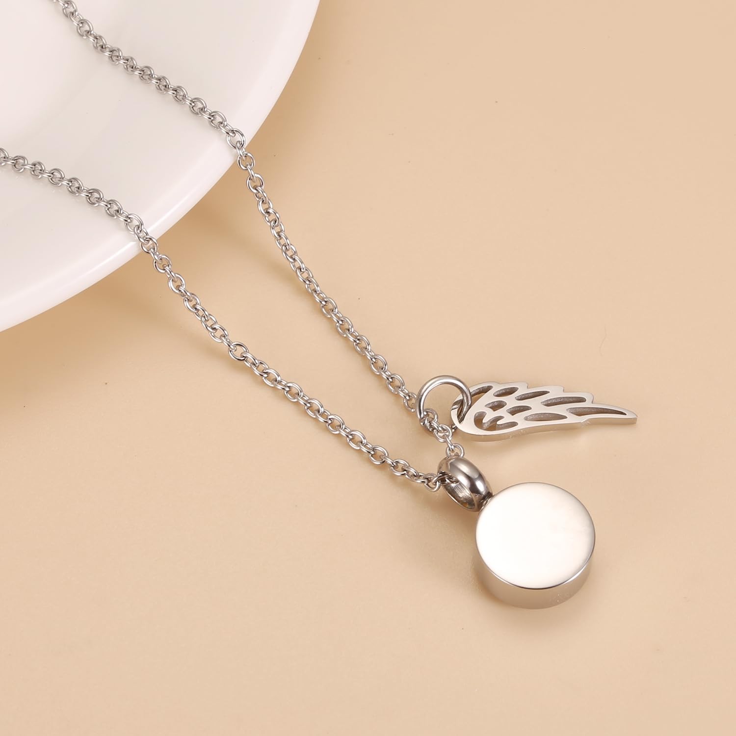 Tiny Glass Round Cremation Urn Necklace For Ashes For Women With Angel Wing S…