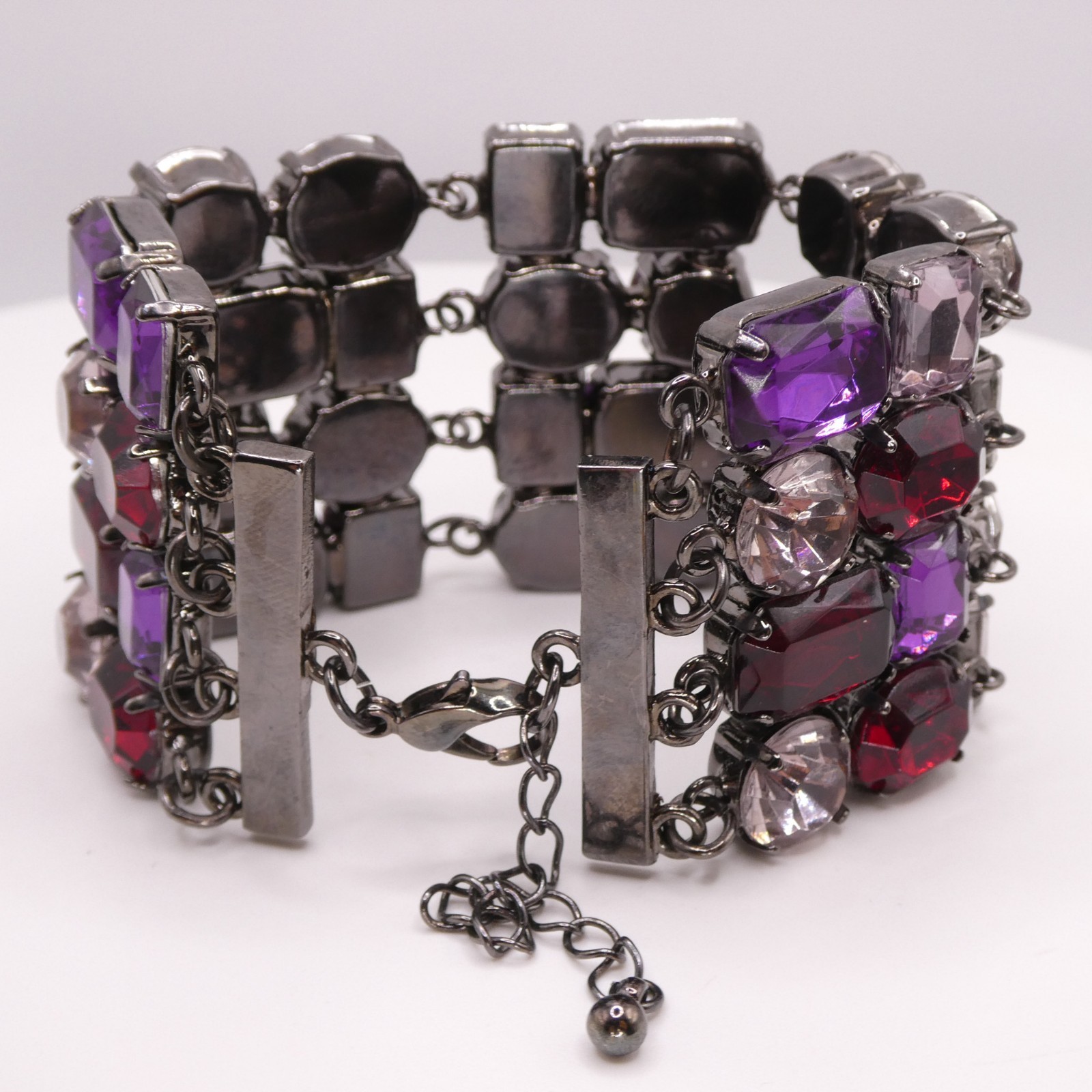 Vintage Purple Acrylic Rhinestone Adjustable 7-9″ Gunmetal Tone Wide Bracelet