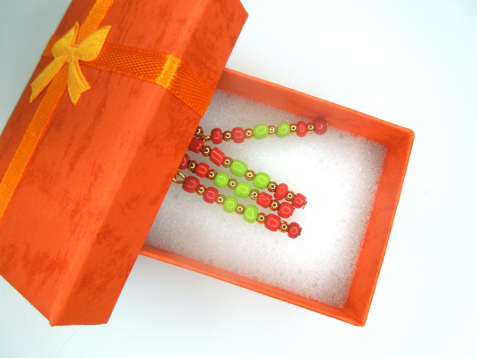 Red and Green Earrings 24K Gold Filled Posts Glass Seed Beads Handmade