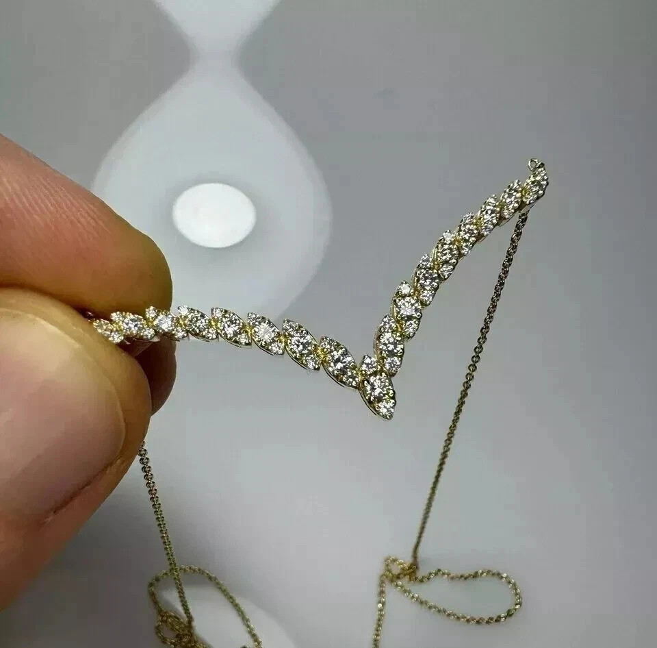 1.50Ct Round Cut Real Moissanite 14K Yellow Gold Plated V Shape Women’s Necklace