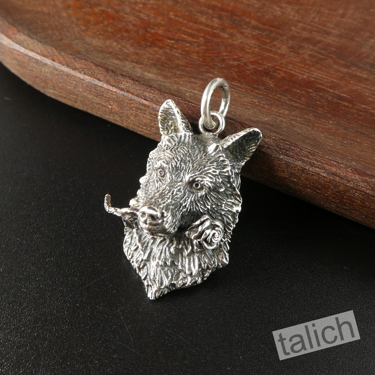 Solid 925 Sterling Silver 3D Wolf Head with Rose Flower Unisex Biker Pendant