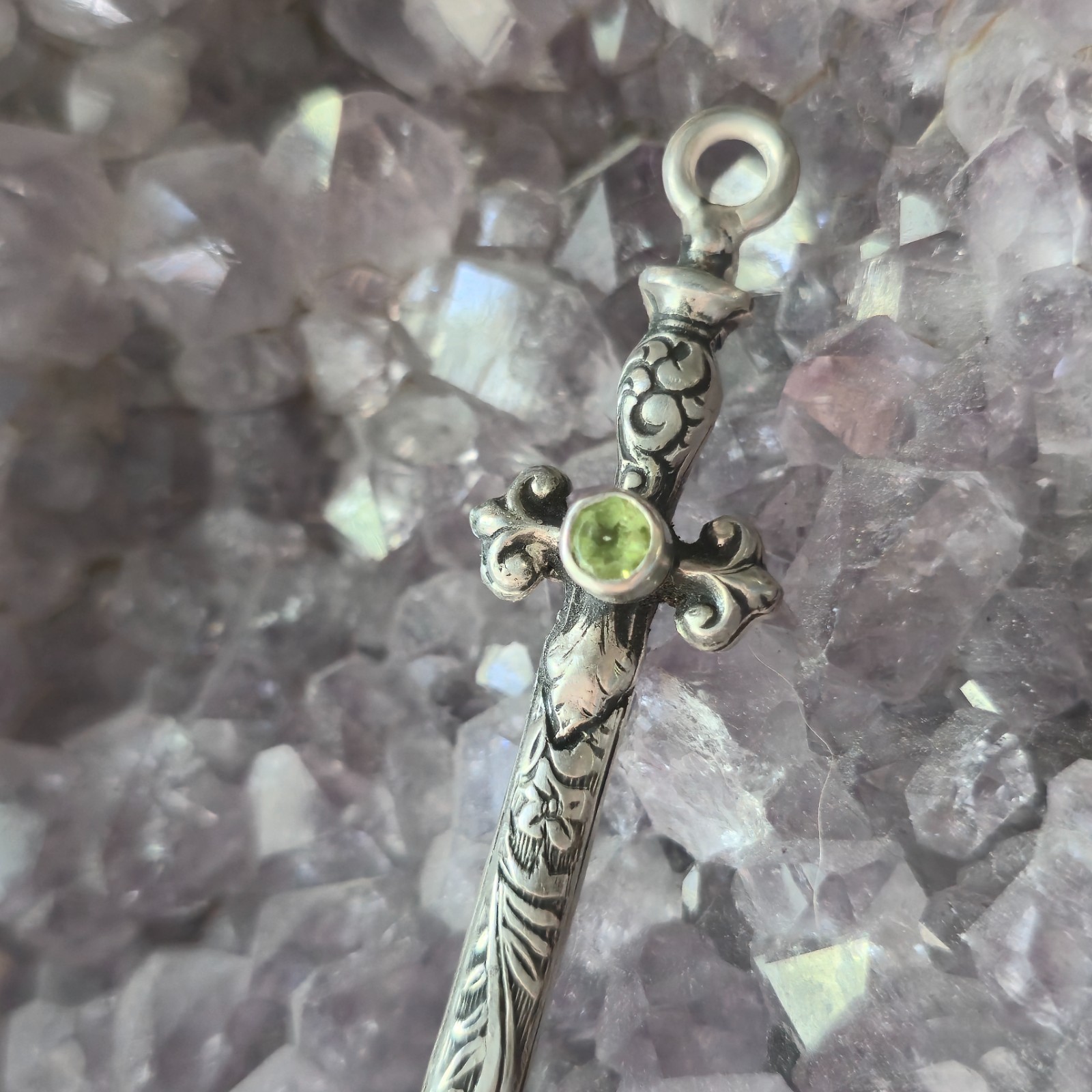 Floral Engraved Sterling Silver Sword Necklace, Gothic Renaissance Style Pendant
