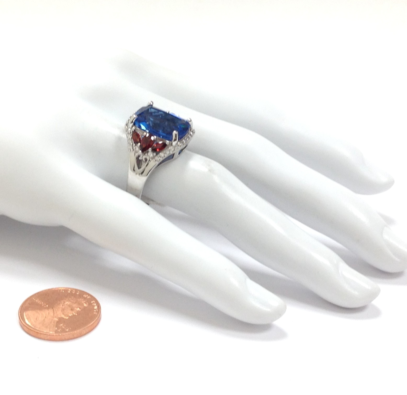 DK Signed 925 Sterling Silver Blue and Red Gemstone Cocktail Ring Size 7.75