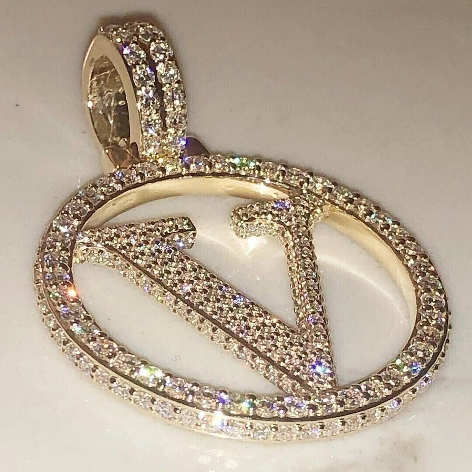 2.20Ct Round Cut Real Moissanite 925 Sterling Silver V Letter & Round Pendant
