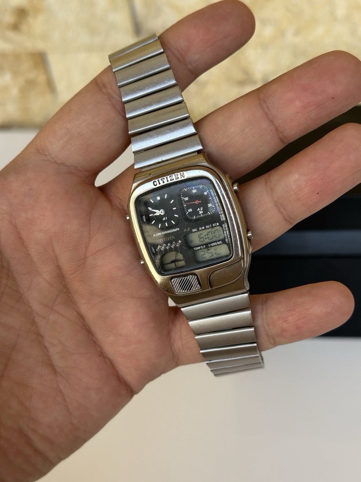 Vintage Citizen Ana-Digi Temp 8982-088549 Watch 35mm Chronograph Temperature Box