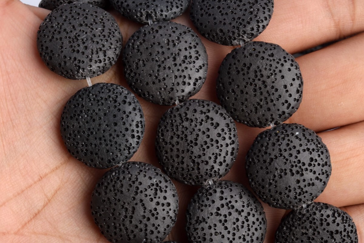 21x7MM Black Volcanic Lava Flat Round Button Grade AAA Natural Loose Beads
