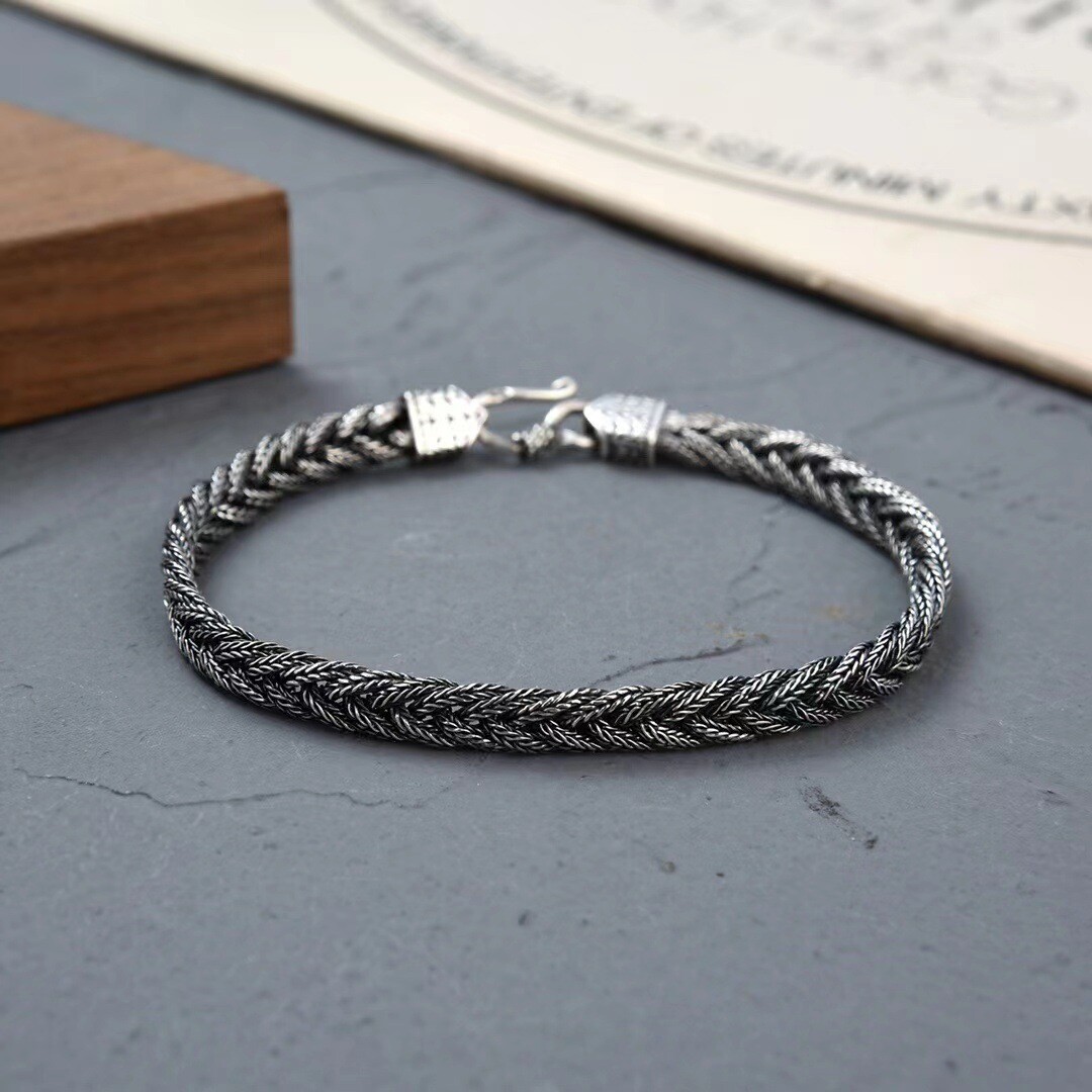 Real S925 Sterling Silver Man’s Women 6mm Fox Taill Twist Link Bracelet