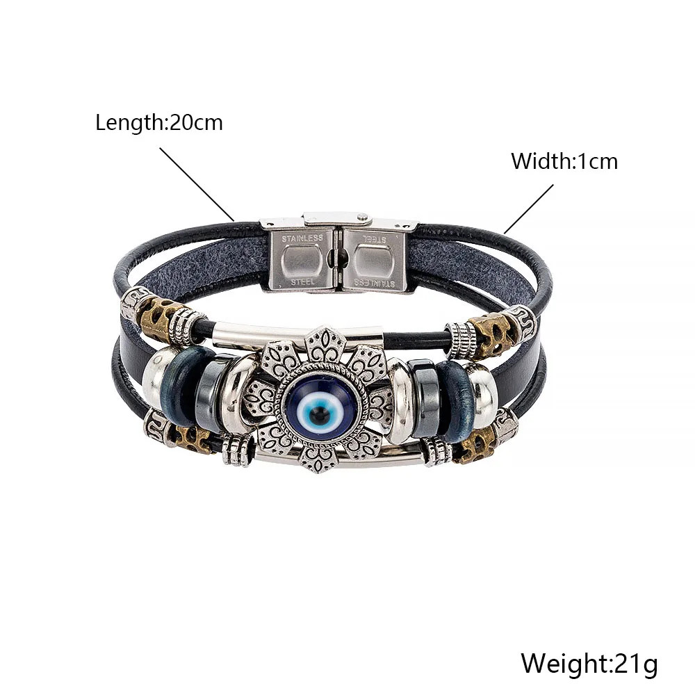 Punk Turkish Evil Eye Stainless Steel Bend Multilayer Leather Bracelet Man Woman