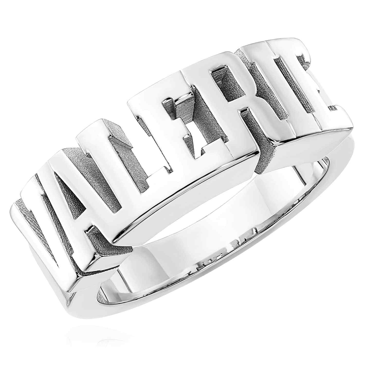 Personalized 14K White Gold Rose Custom Bold Block Name Ring