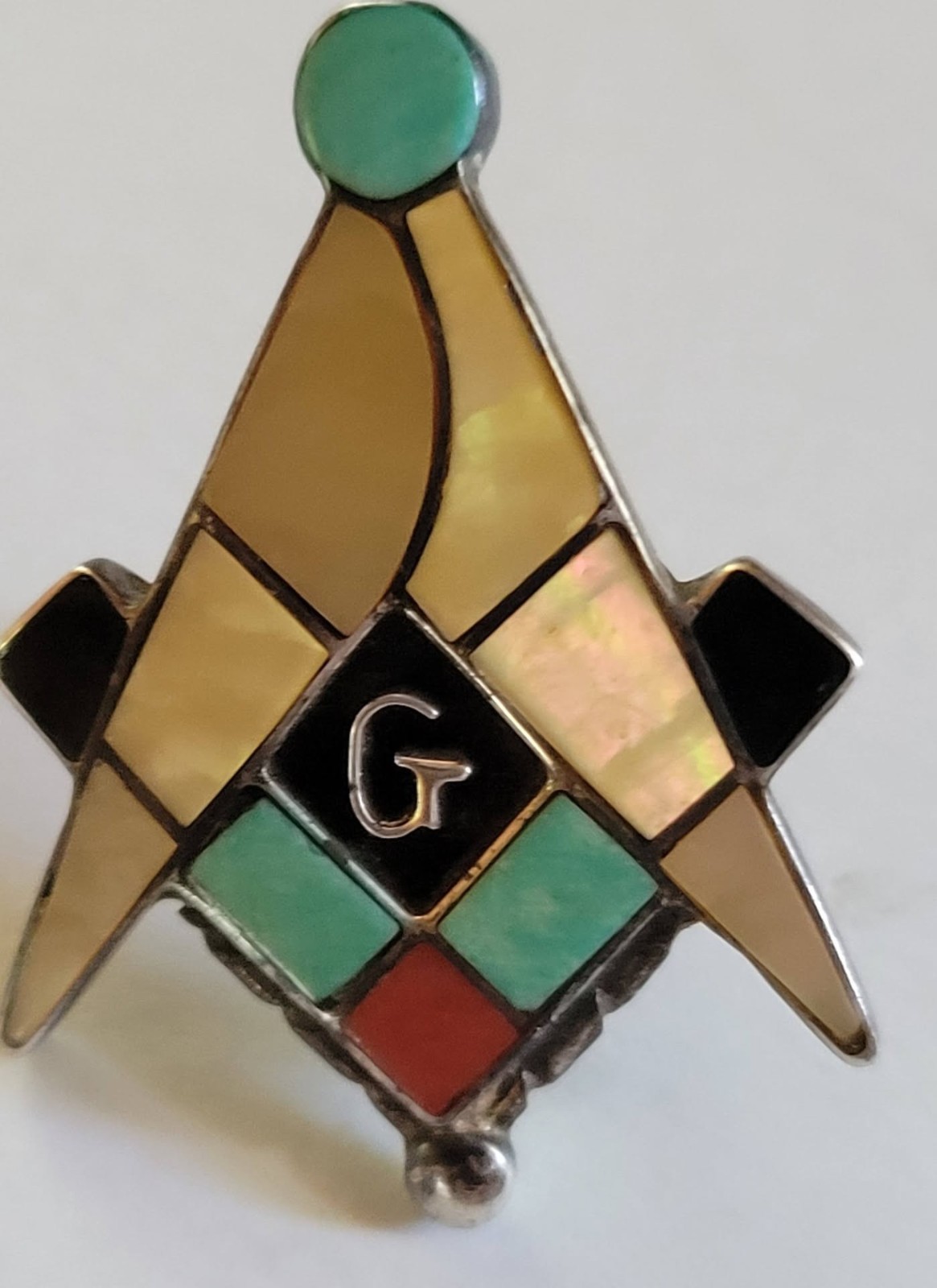 Vintage Zuni Masonic Pin Sterling Silver Multi Inlay Turquoise Native American