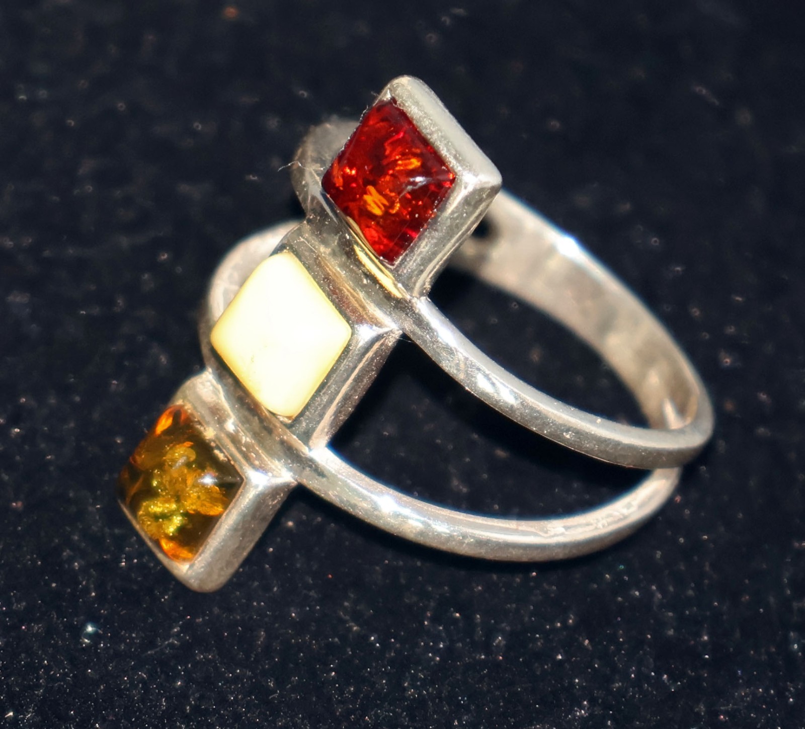 Vintage Tricolor Baltic Amber 925 Sterling Silver Split Band Ring Size 8 3.8g