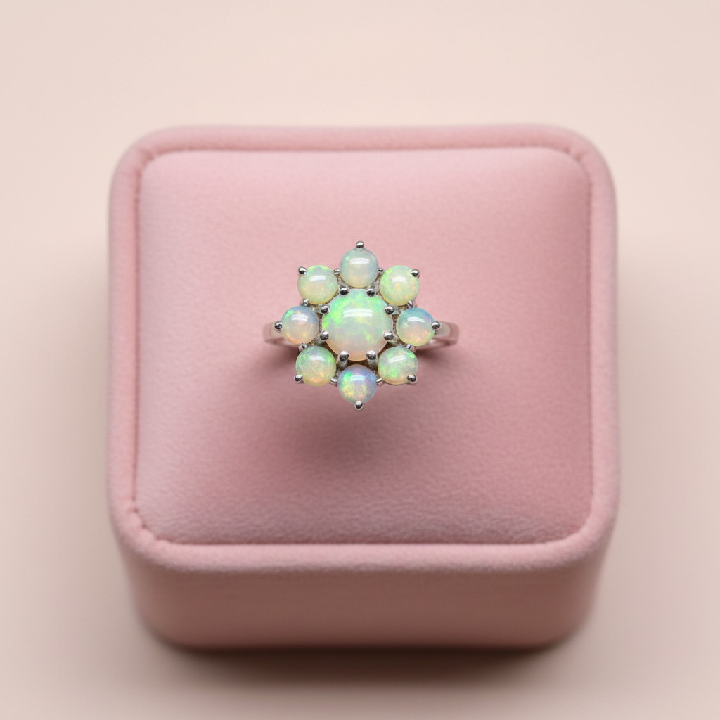 Ethiopian Opal Cluster Flower Ring 925 Sterling Silver Handmade Jewelry