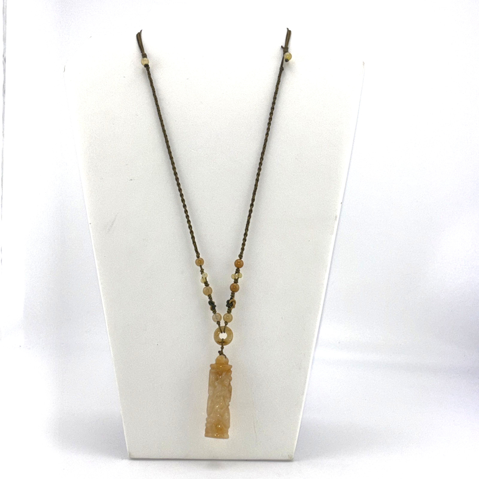 Macrame Genuine Carved Yellow Jadeite Necklace Adjustable Slide Knot 2″ Pendent