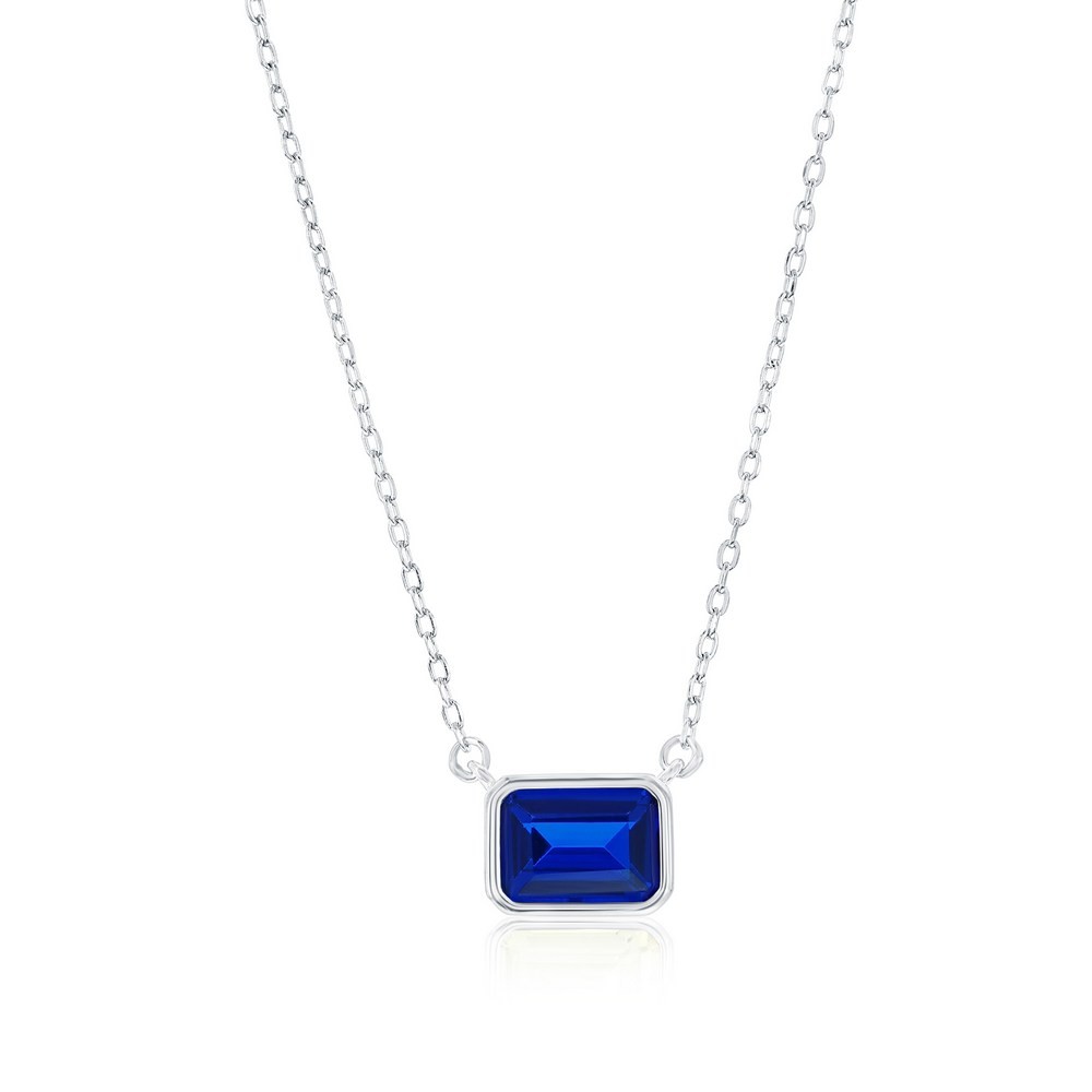 Sterling Silver, ‘September’ Birthstone Rectangle CZ Necklace – Sapphire