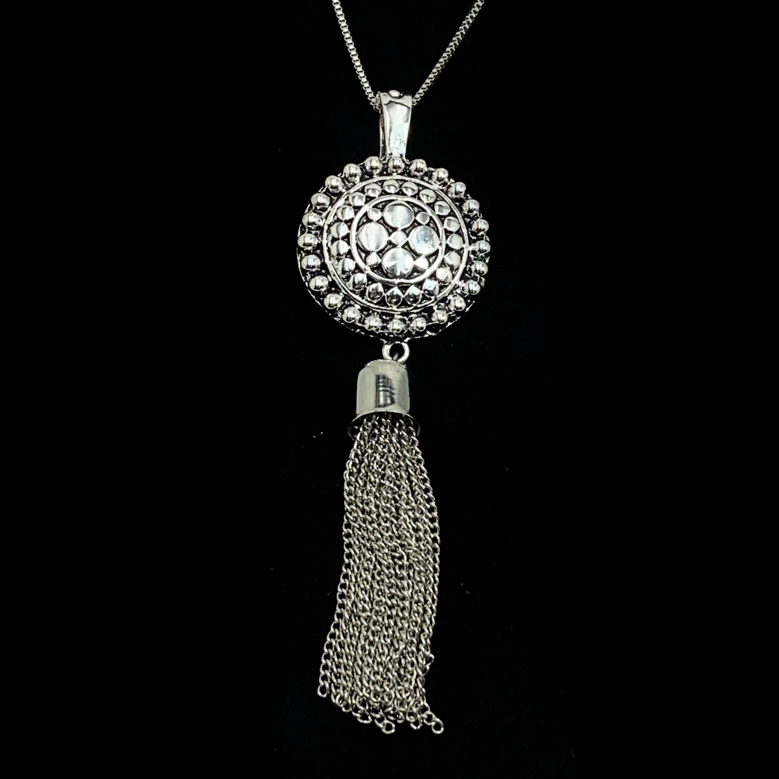 Etruscan Style Silver Slide Pendant Necklace Signed RMN ROMAN Magnetic Bale 4.5″