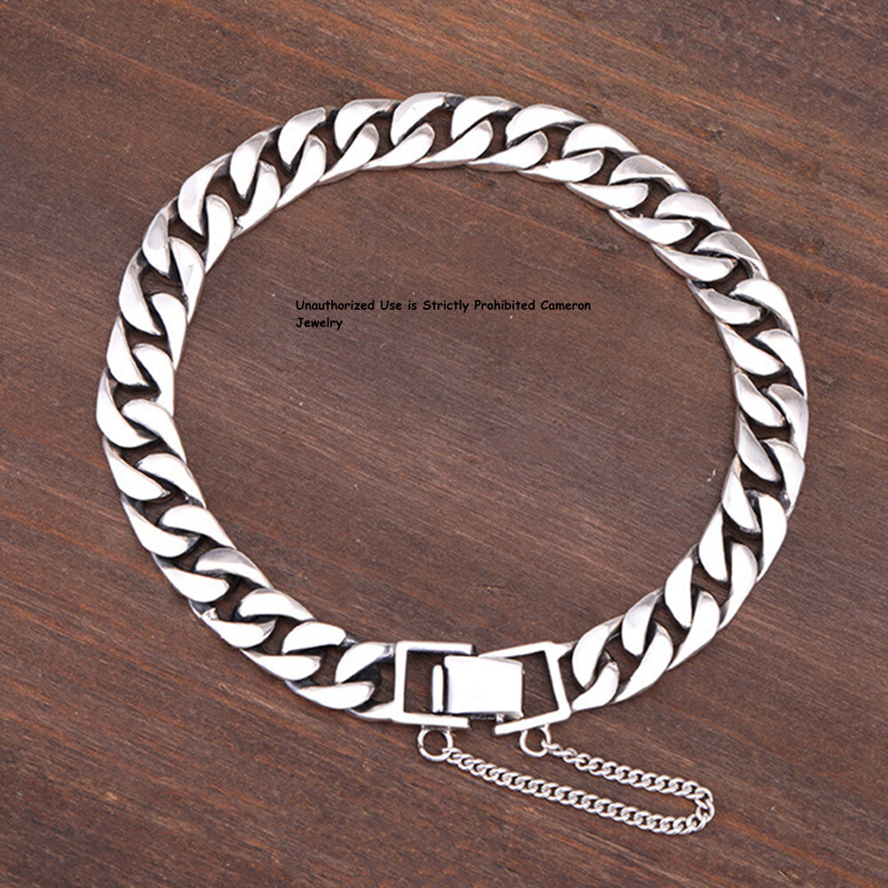 Pure S925 Sterling Silver Chain 8mm Cuban Curb Extend Link Bracelet 6.7-8.3inch