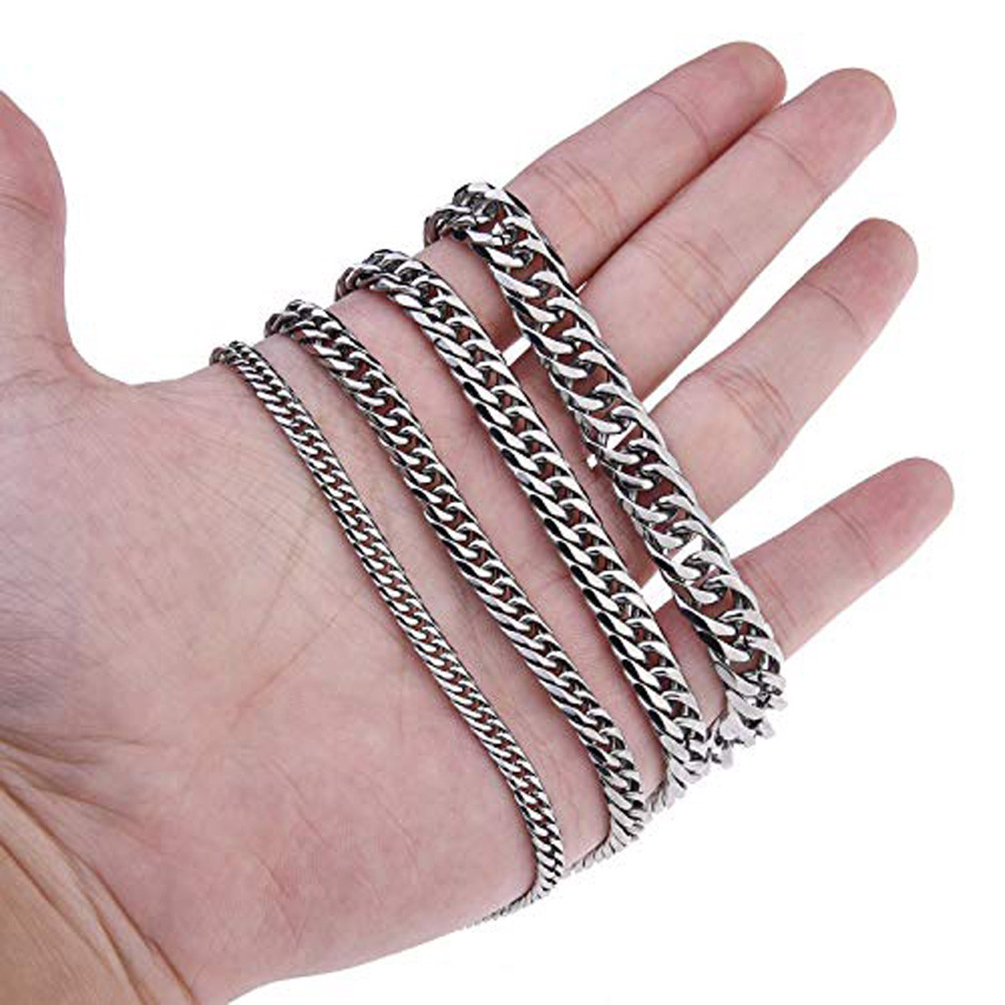 High Polished 7-13MM Silver Stainless Steel Double Curb Chain Necklace for Mens