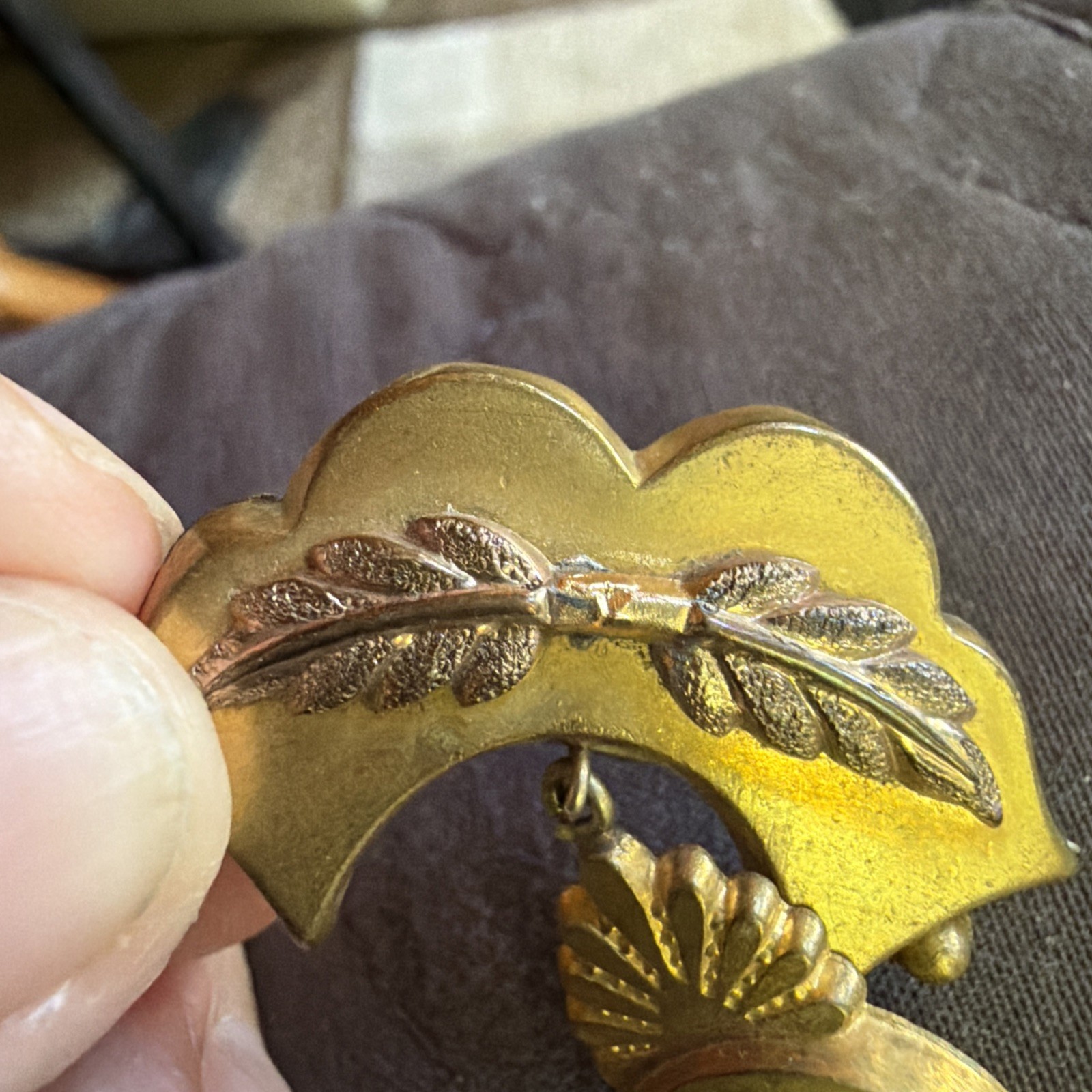 Antique Victorian Etruscan Hollow Gold Filled Dangle Brooch Pin Rose Gold Leaves