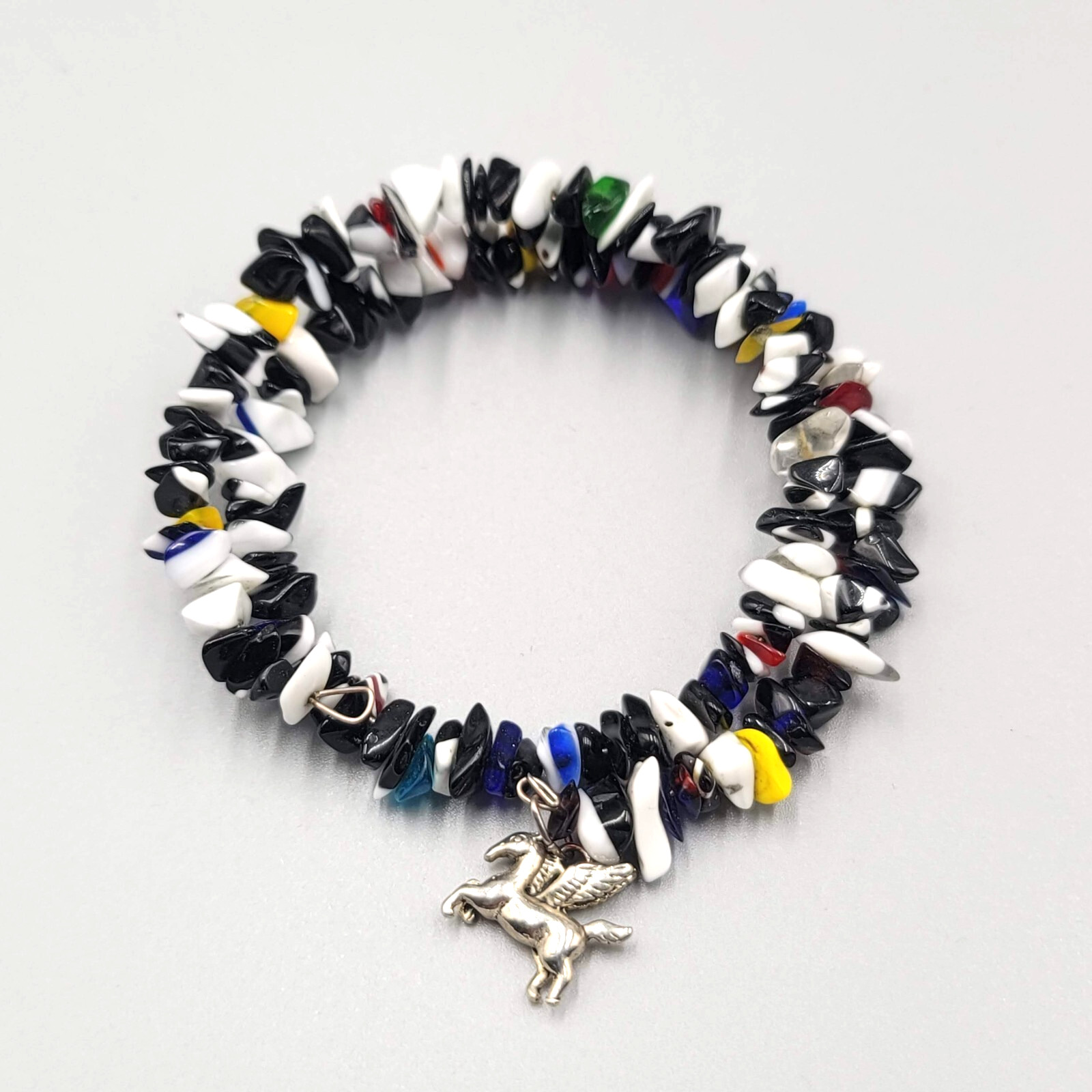 Memory Wire Bracelet Black White Yellow Red Art Glass Beads Pegasus Charm