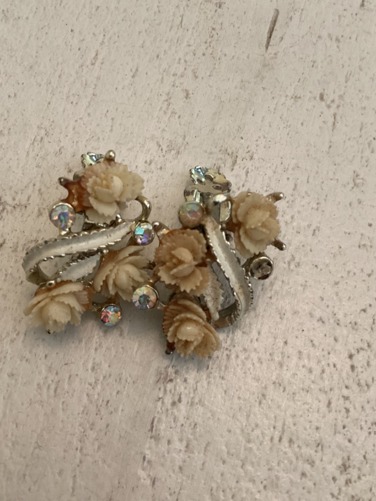 Vintage Clip On Earrings Carved Ivory Rose Flowers AB Rhinestones Silver Tone