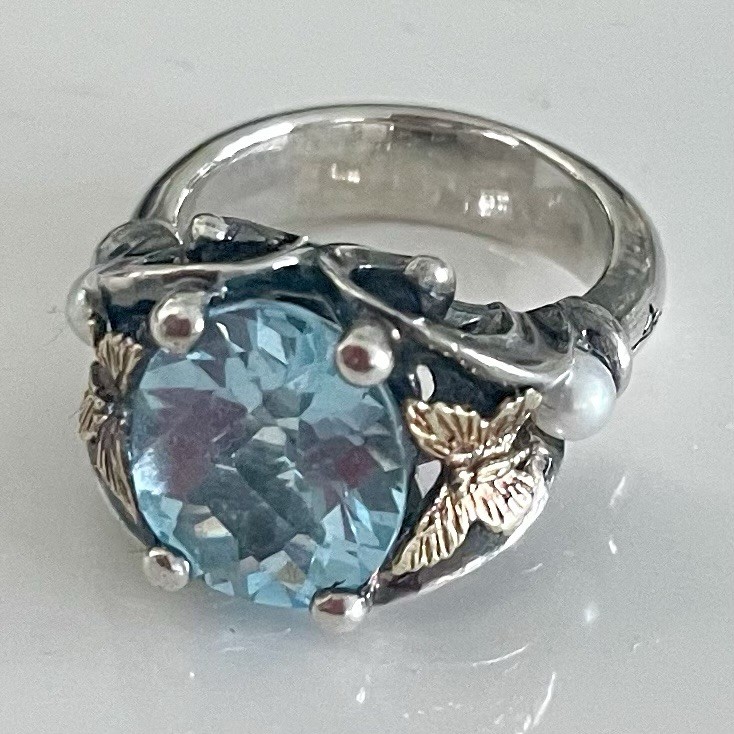 Ann King Butterfly Blue Topaz & Pearl Sterling Silver And 18k Gold Ring 6