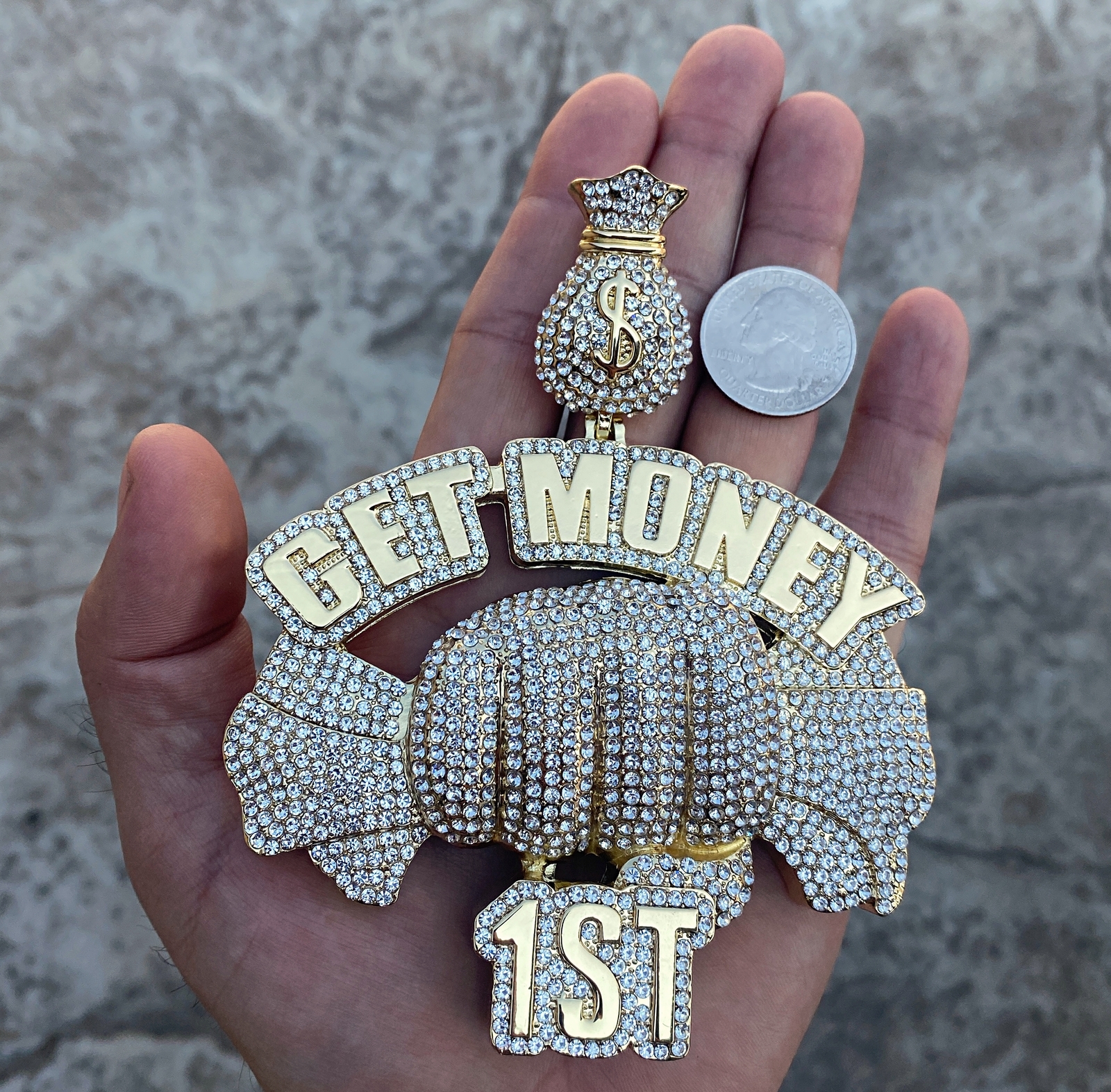 14K Gold Plated “Get Money 1st” Cash Fist Pendant Iced Bling Out Simulated CZ