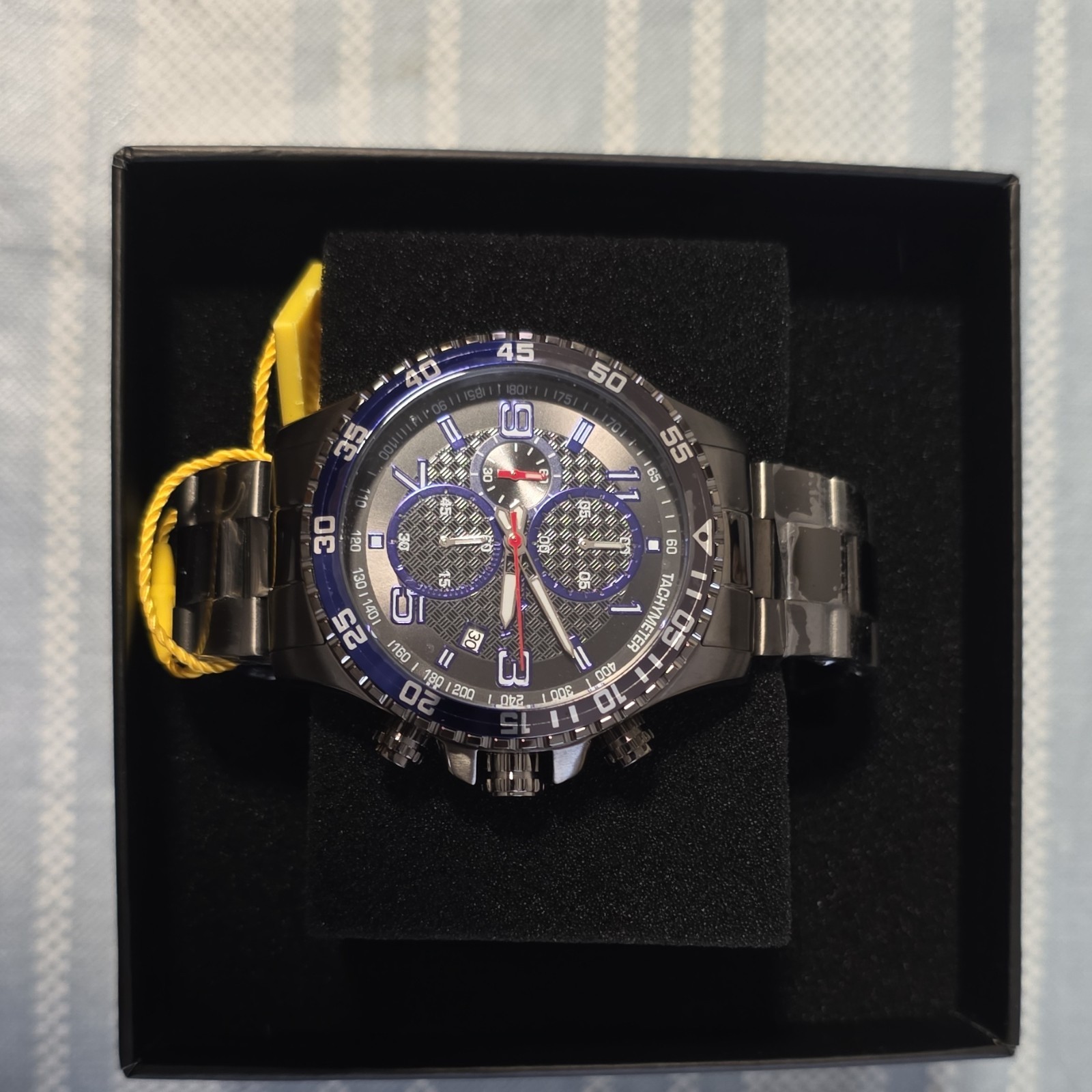 Invicta Men’s Quartz Chronograph Watch Blue/Black Dial Steel Bracelet Box