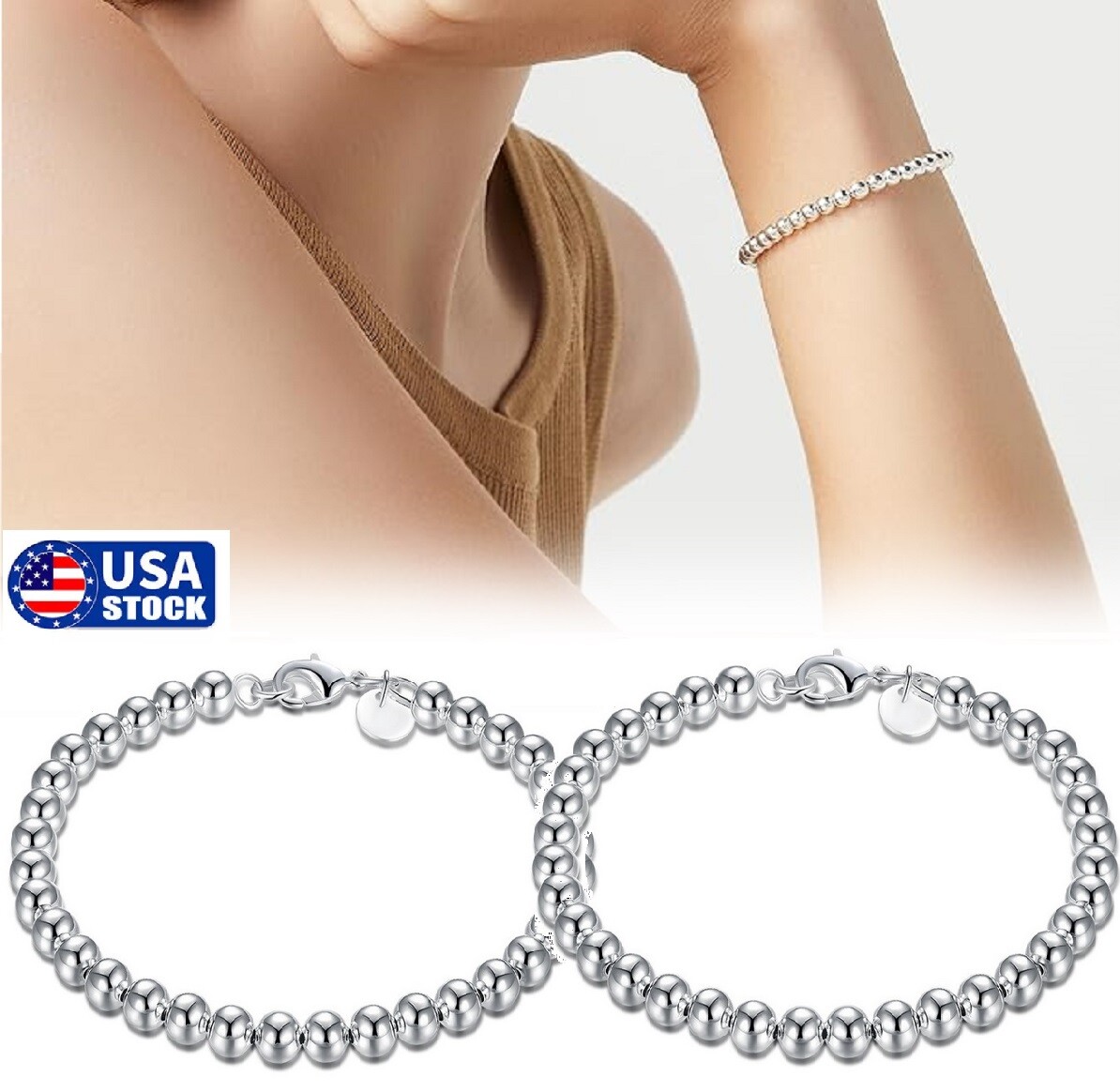 2× Silver Love Cuff Bead Ball Open Bangle Womens Jewelr Charm Bracelet Gift USA