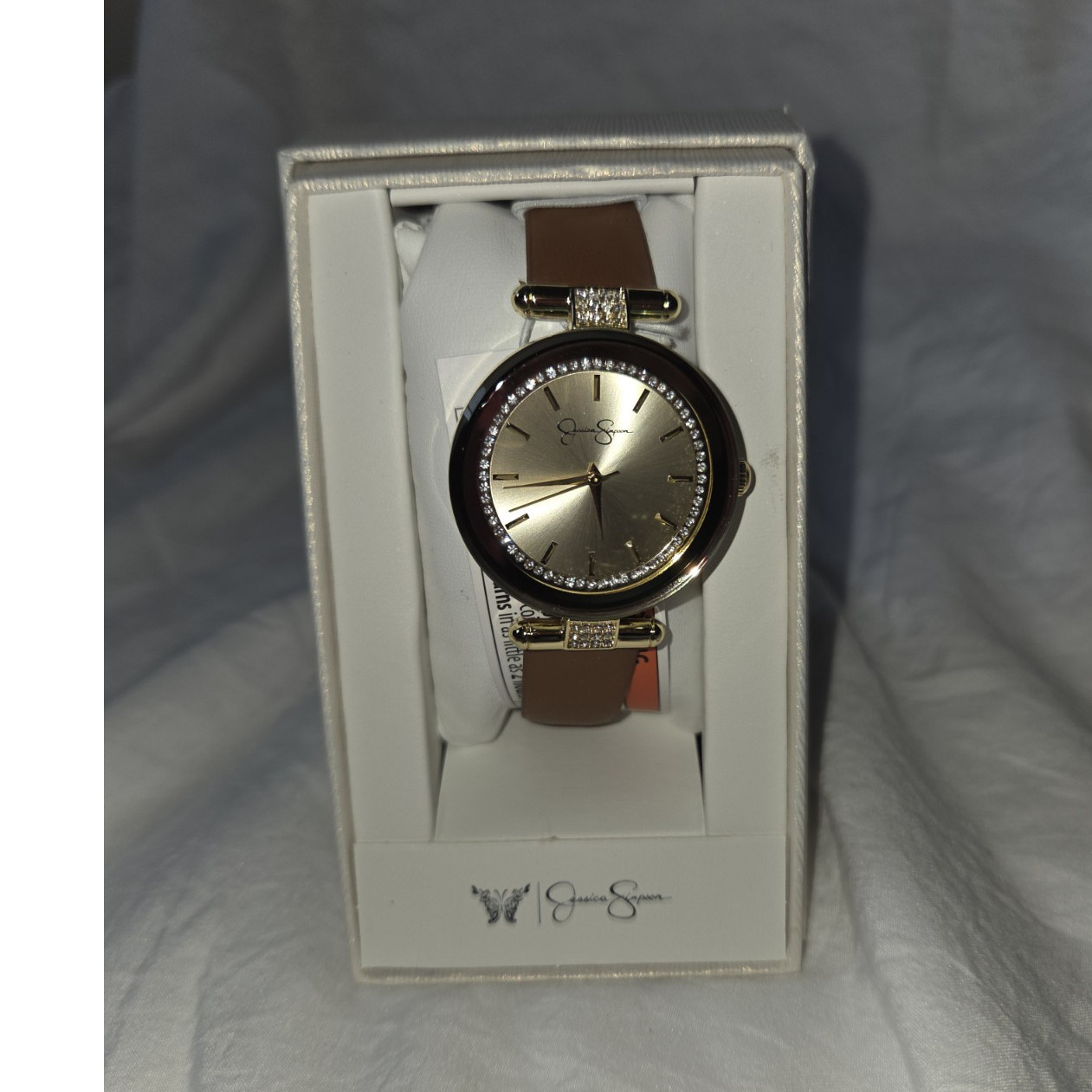 Jessica Simpson Gold Tone Analog Dress Wristwatch Brown Leather Strap Women’s
