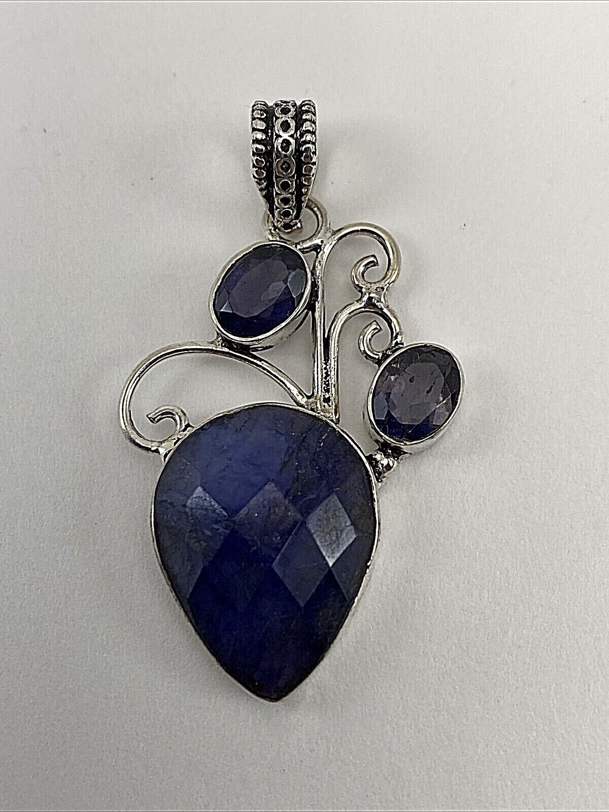 Sterling Silver .925 17mm x 21mm Faceted Pear Sapphire Amethyst Scroll Pendant