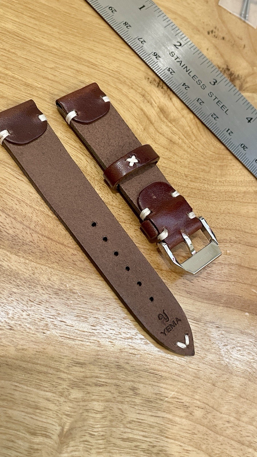 New Yema 20mm Brown Leather Strap Vintage Style w/ Buckle and Spring Bars