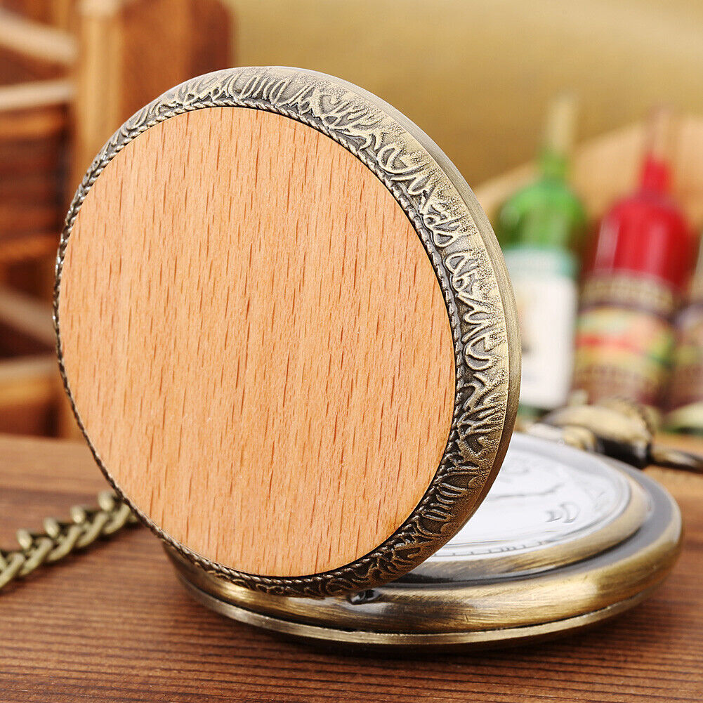 Bronze Nature Wood Alloy Case Men Women Quartz Pocket Watch Necklace Pendant
