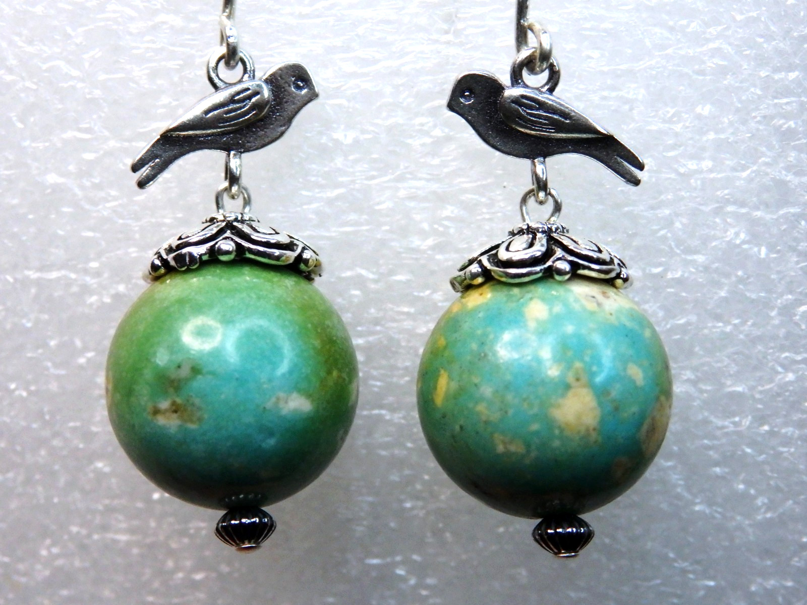 ROYSTON Polychrome TURQUOISE Sterling Silver 1&5/8″Long 2 Sided BIRD Earrings
