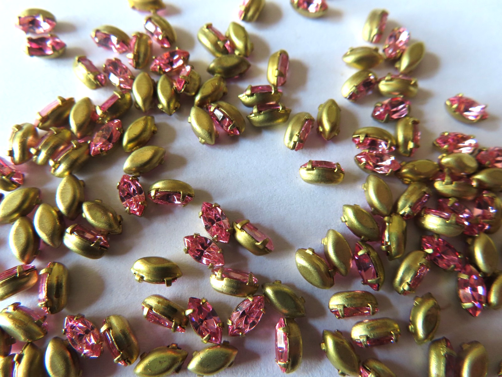 144 Swarovski Navette Rhinestones 6x3mm Light Rose/Brass settings.