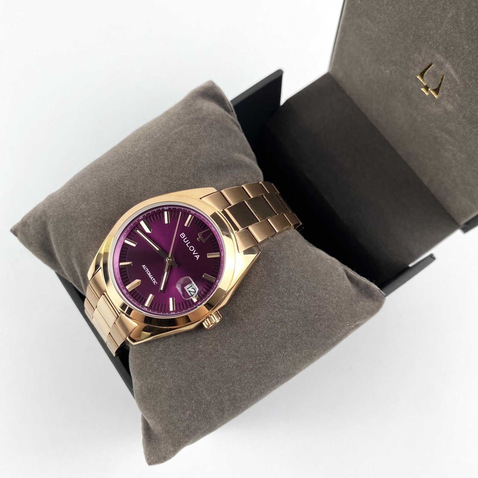 Bulova Surveyor Men’s 97B234 Automatic Watch Purple Dial Rose Gold Tone 39mm