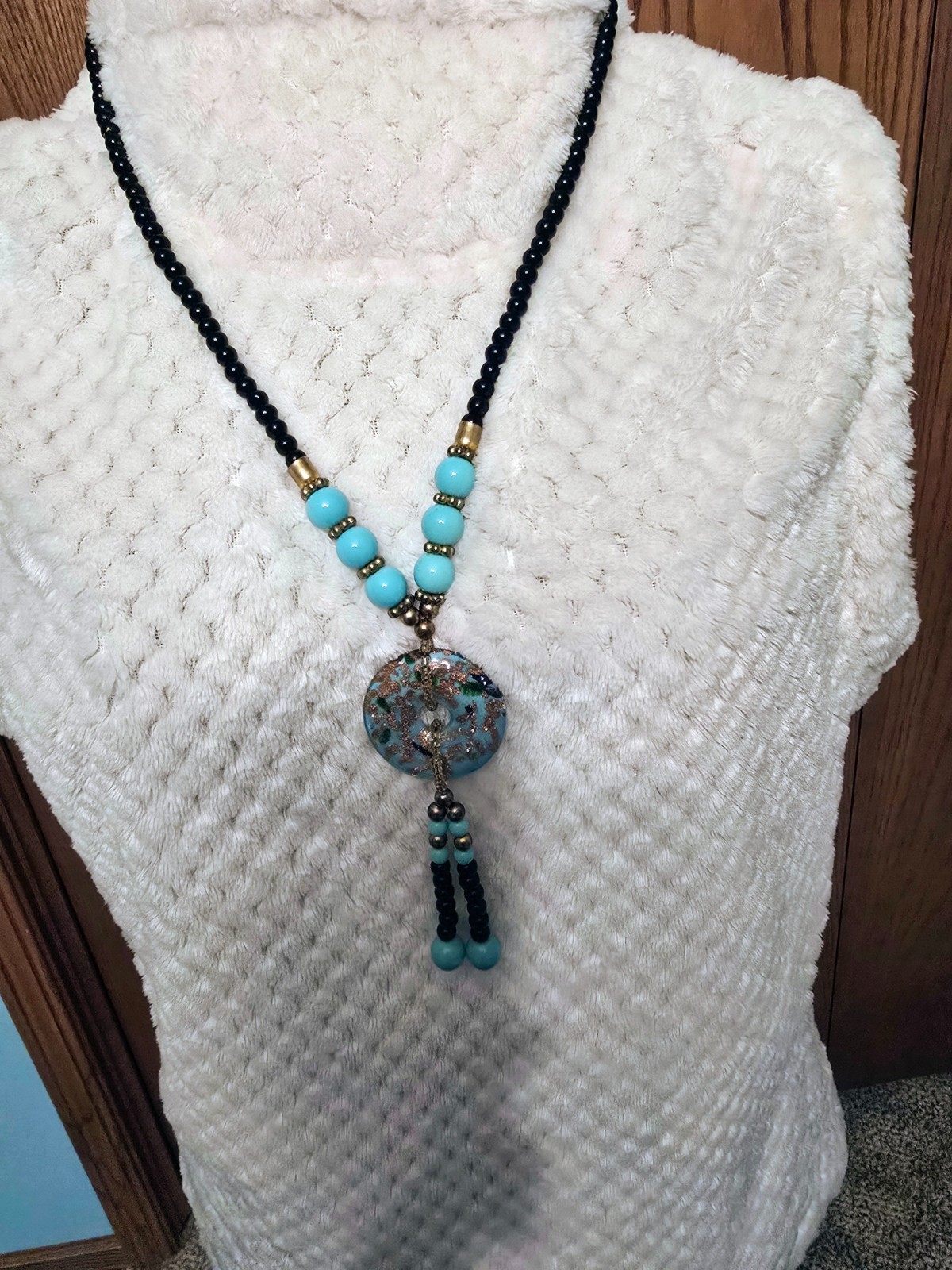 Black & Turquoise Blue Beaded Necklace Large Foil Glass Pendant NWOT
